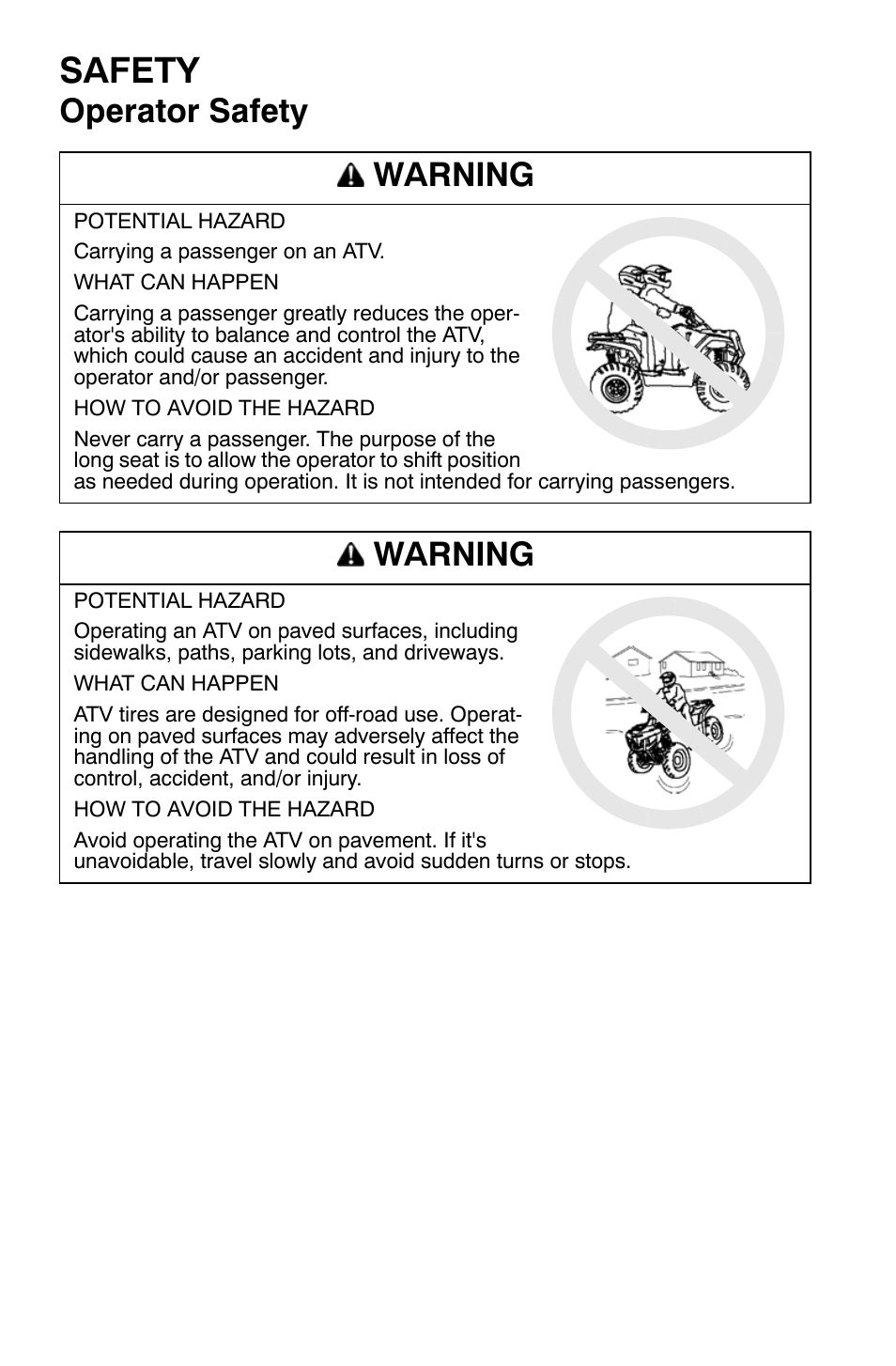 Safety, Operator safety warning, Warning | Polaris Sportsman 9921335 User Manual | Page 20 / 133