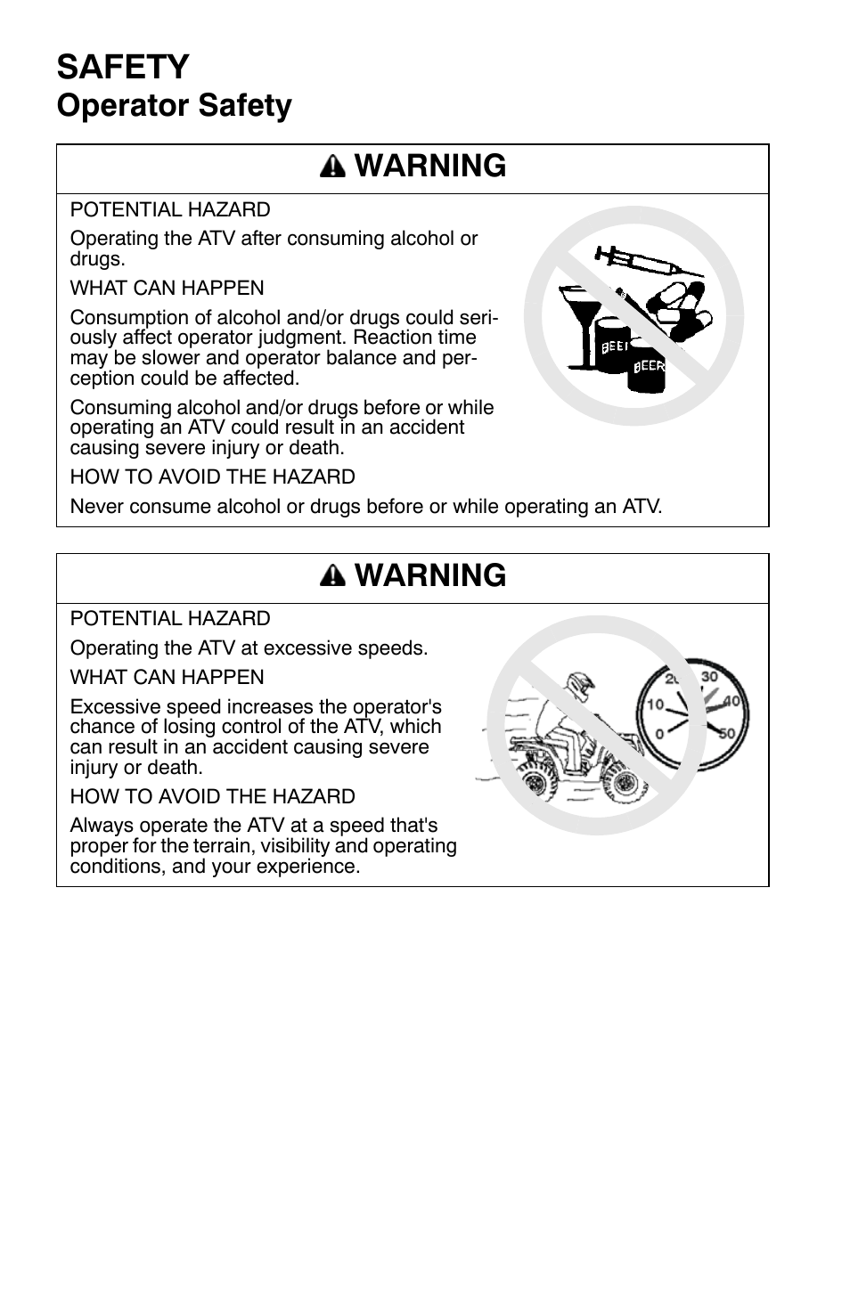 Safety, Operator safety warning, Warning | Polaris Sportsman 9921335 User Manual | Page 22 / 133