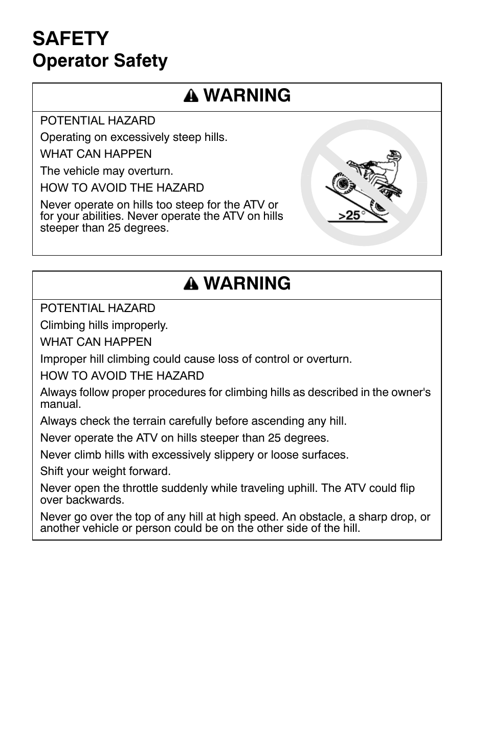 Safety, Operator safety warning, Warning | Polaris Sportsman 9921335 User Manual | Page 26 / 133