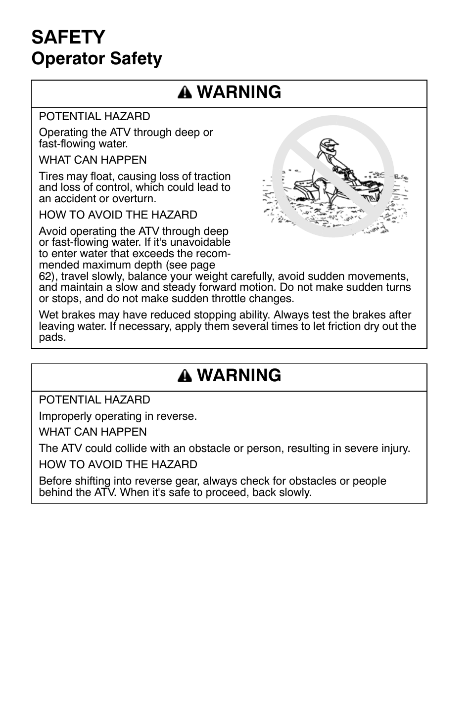 Safety, Operator safety warning, Warning | Polaris Sportsman 9921335 User Manual | Page 30 / 133