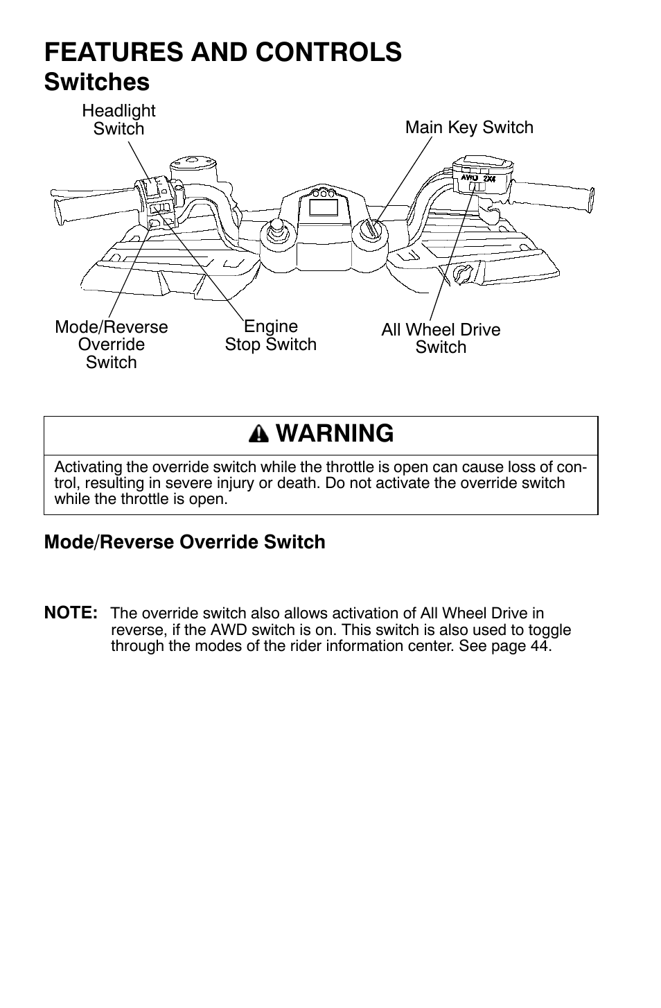 Features and controls, Switches, Warning | Polaris Sportsman 9921335 User Manual | Page 34 / 133