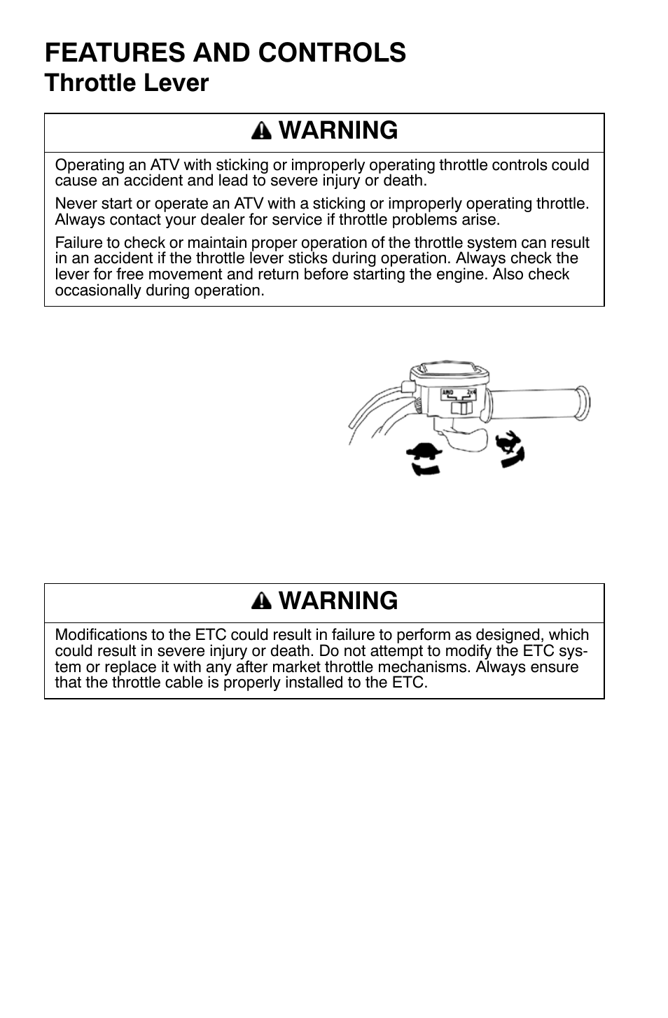 Features and controls, Throttle lever, Warning | Polaris Sportsman 9921335 User Manual | Page 36 / 133