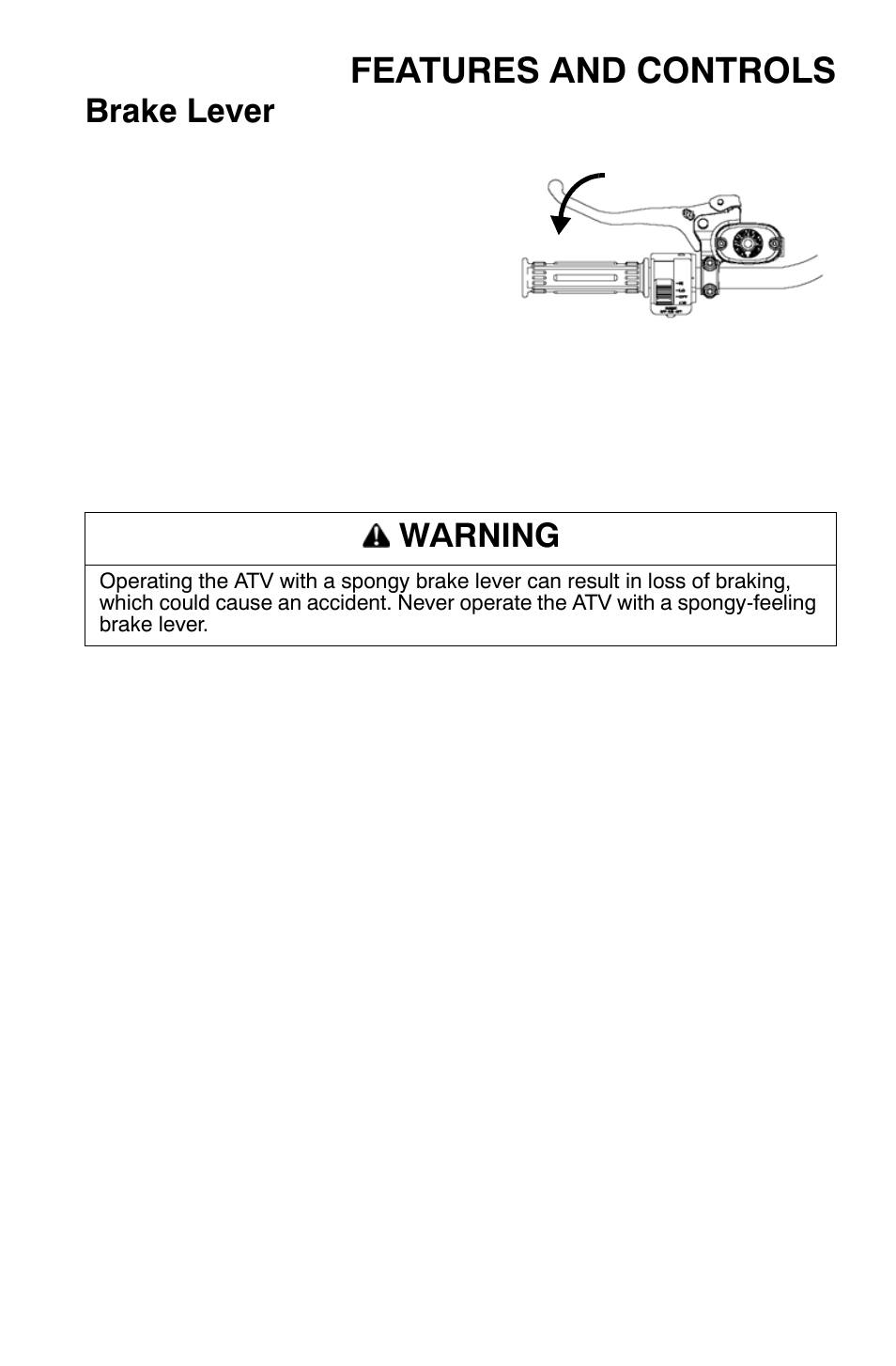 Features and controls, Brake lever, Warning | Polaris Sportsman 9921335 User Manual | Page 37 / 133