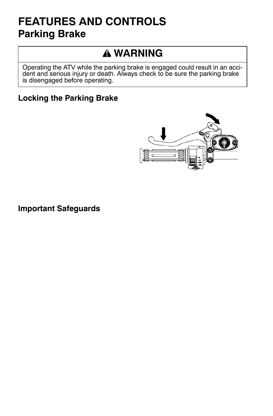 Features and controls, Parking brake, Warning | Polaris Sportsman 9921335 User Manual | Page 38 / 133