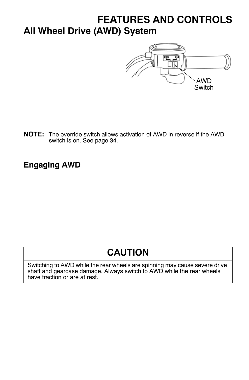 Features and controls, All wheel drive (awd) system, Caution | Polaris Sportsman 9921335 User Manual | Page 43 / 133