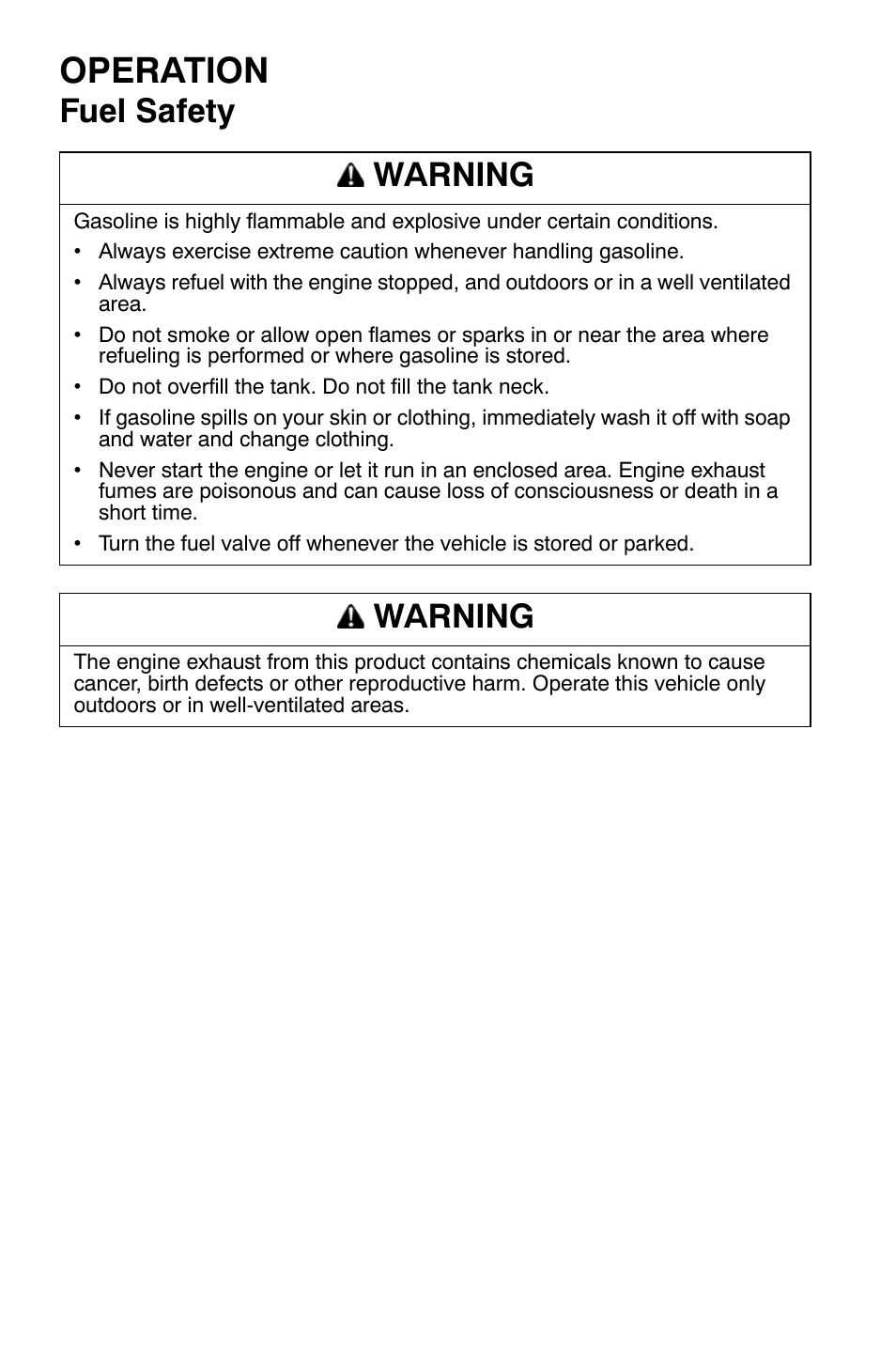Operation, Fuel safety warning, Warning | Polaris Sportsman 9921335 User Manual | Page 46 / 133