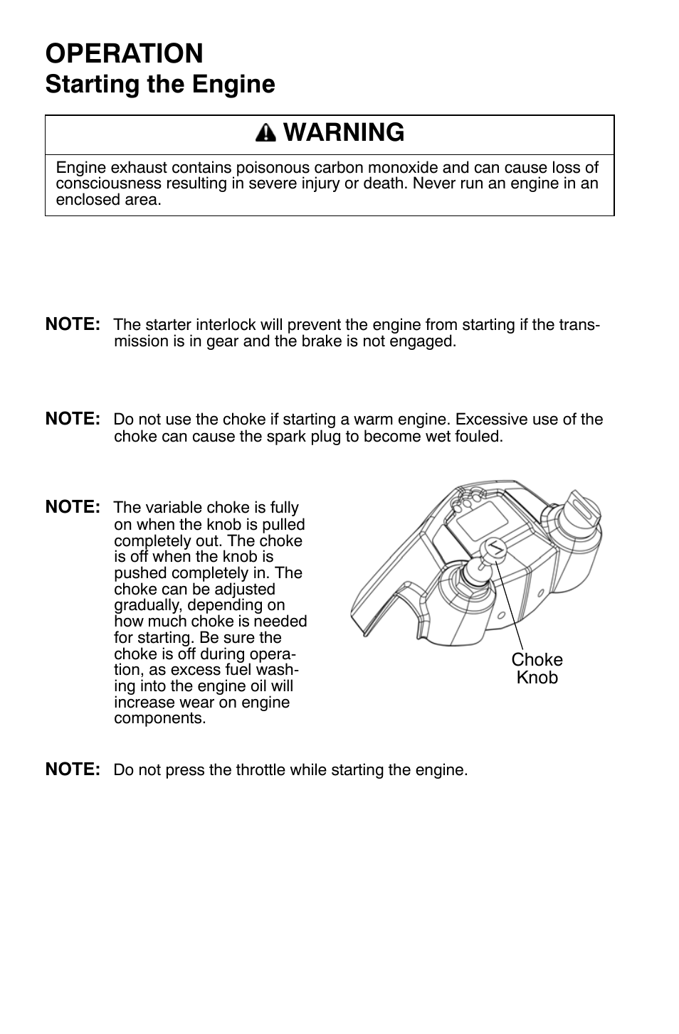 Operation, Starting the engine, Warning | Polaris Sportsman 9921335 User Manual | Page 50 / 133