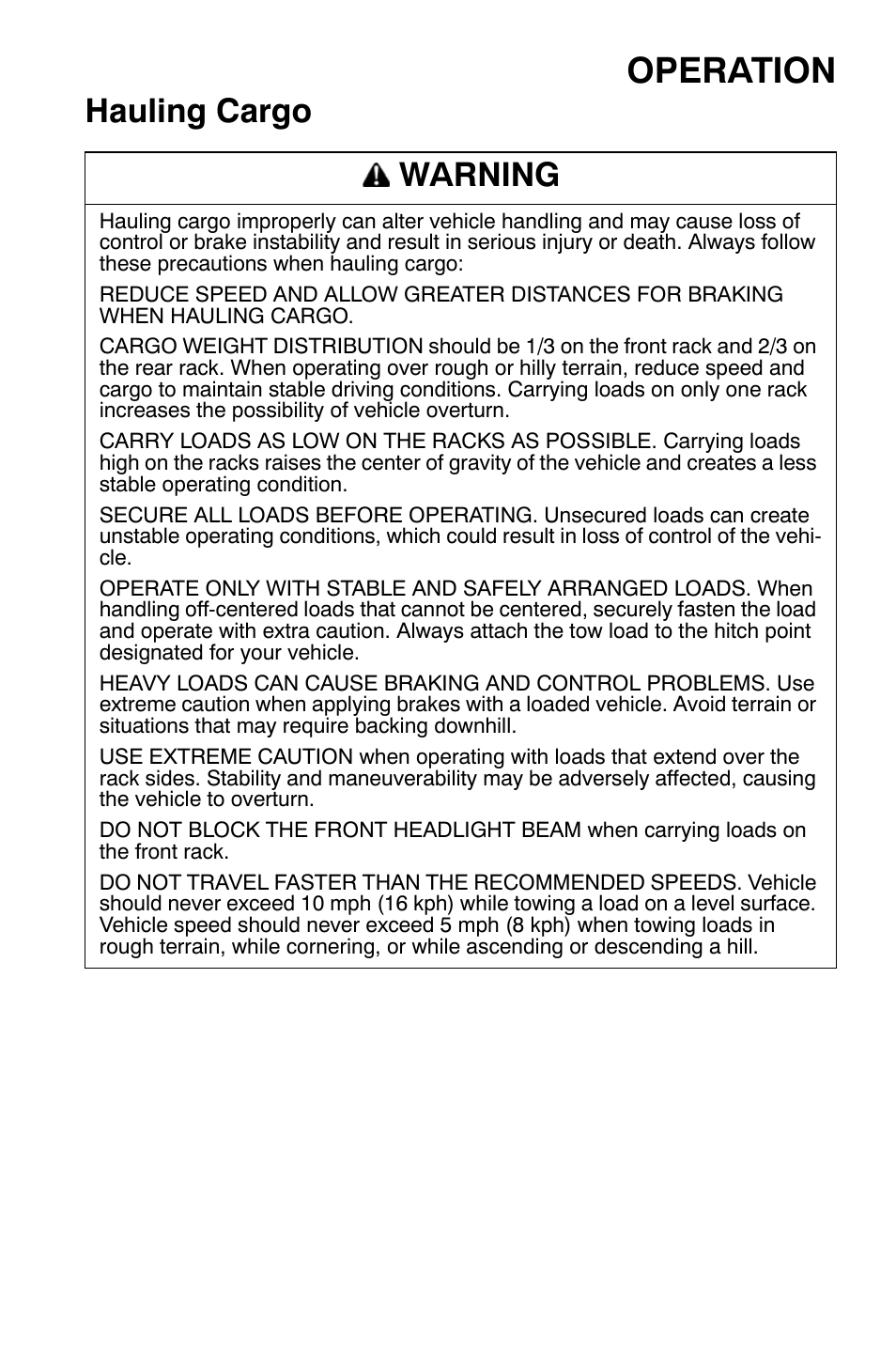 Operation, Hauling cargo warning | Polaris Sportsman 9921335 User Manual | Page 53 / 133