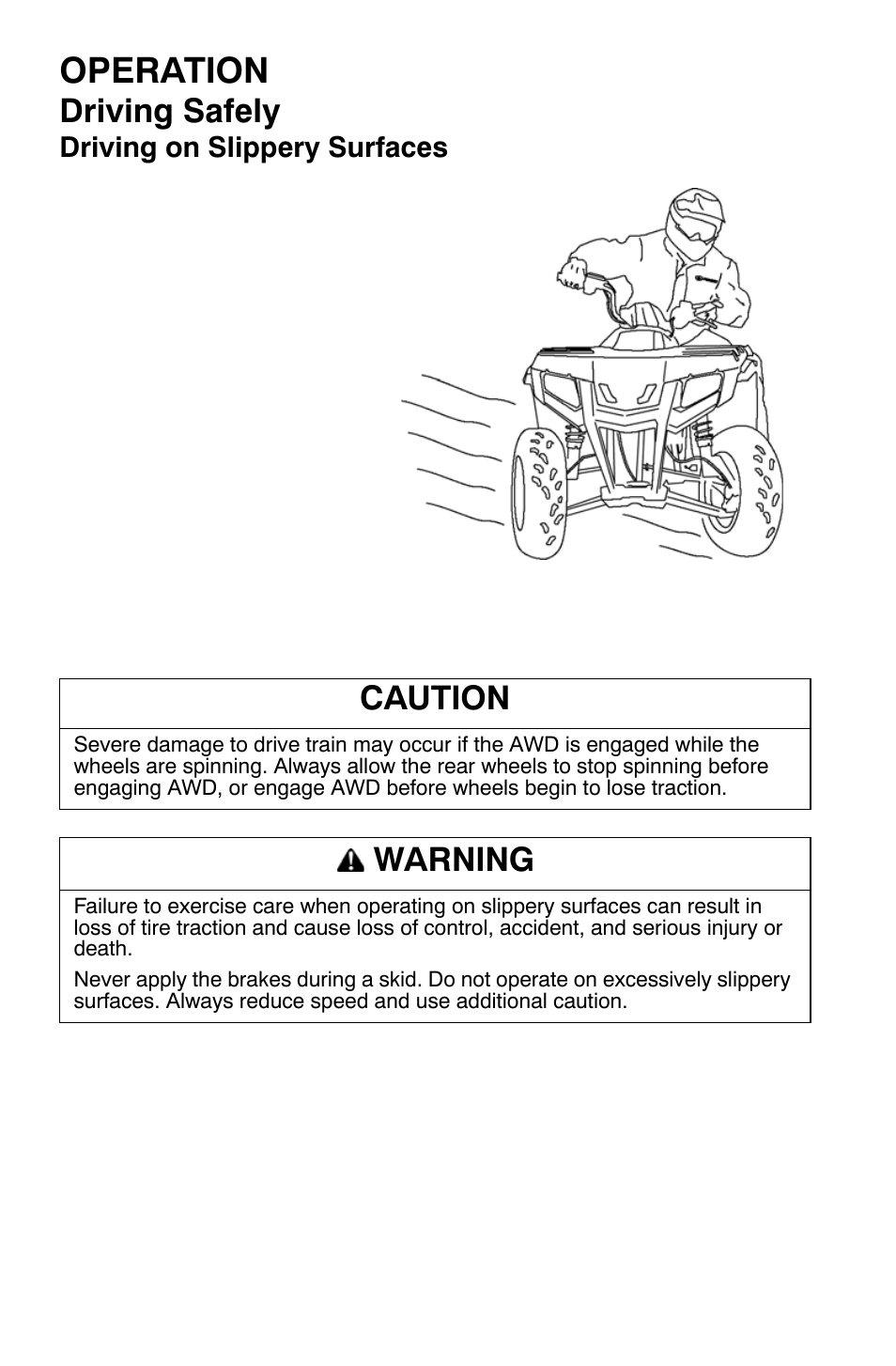 Operation, Driving safely, Caution | Warning | Polaris Sportsman 9921335 User Manual | Page 56 / 133