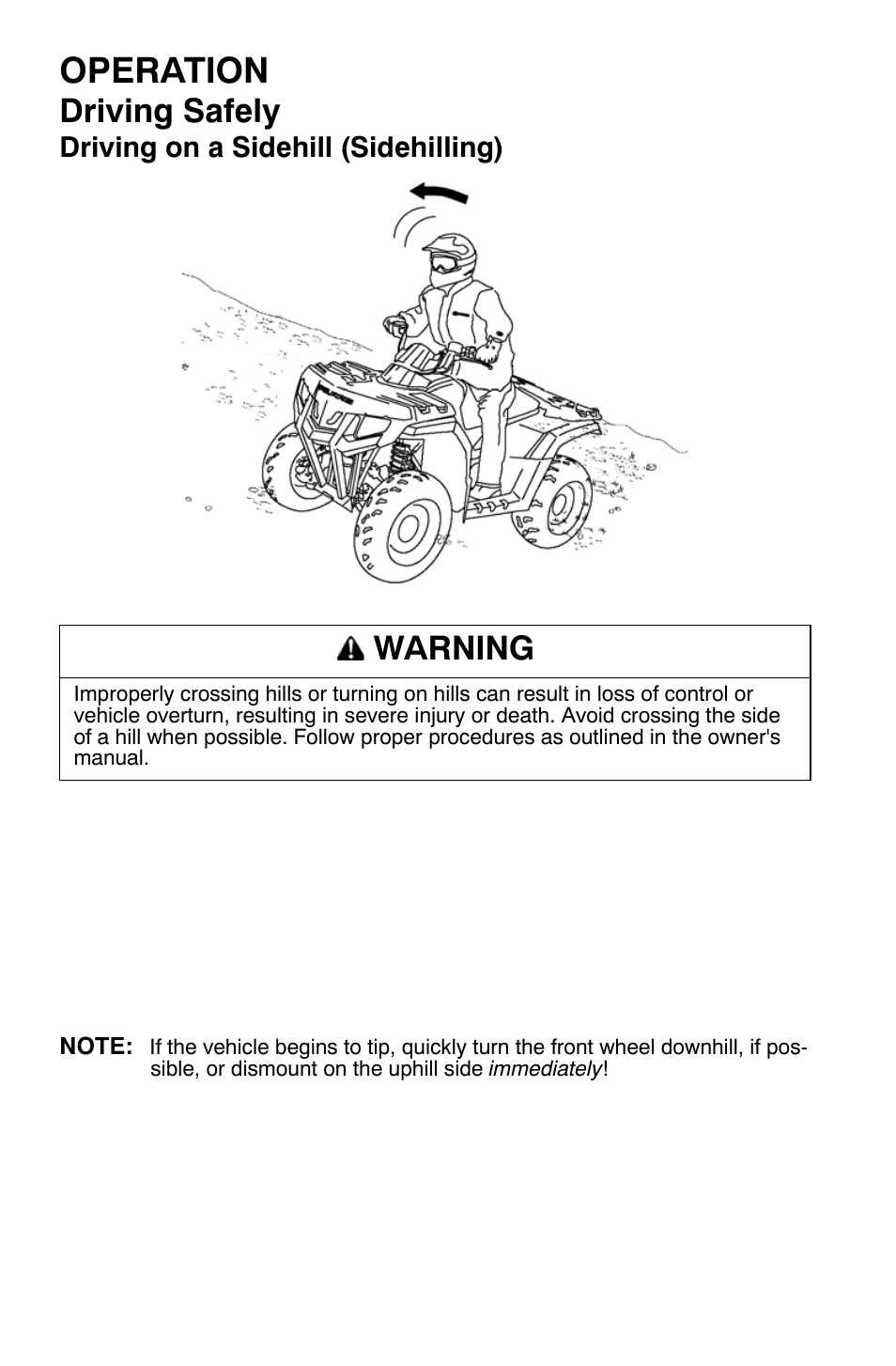Operation, Driving safely, Warning | Polaris Sportsman 9921335 User Manual | Page 58 / 133