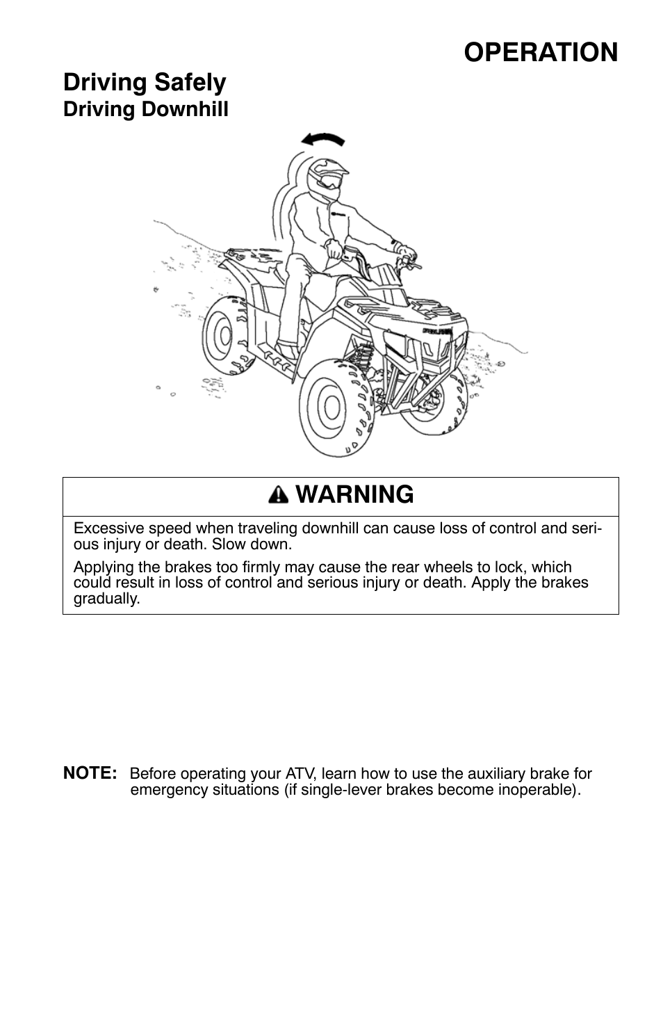 Operation, Driving safely, Warning | Polaris Sportsman 9921335 User Manual | Page 59 / 133