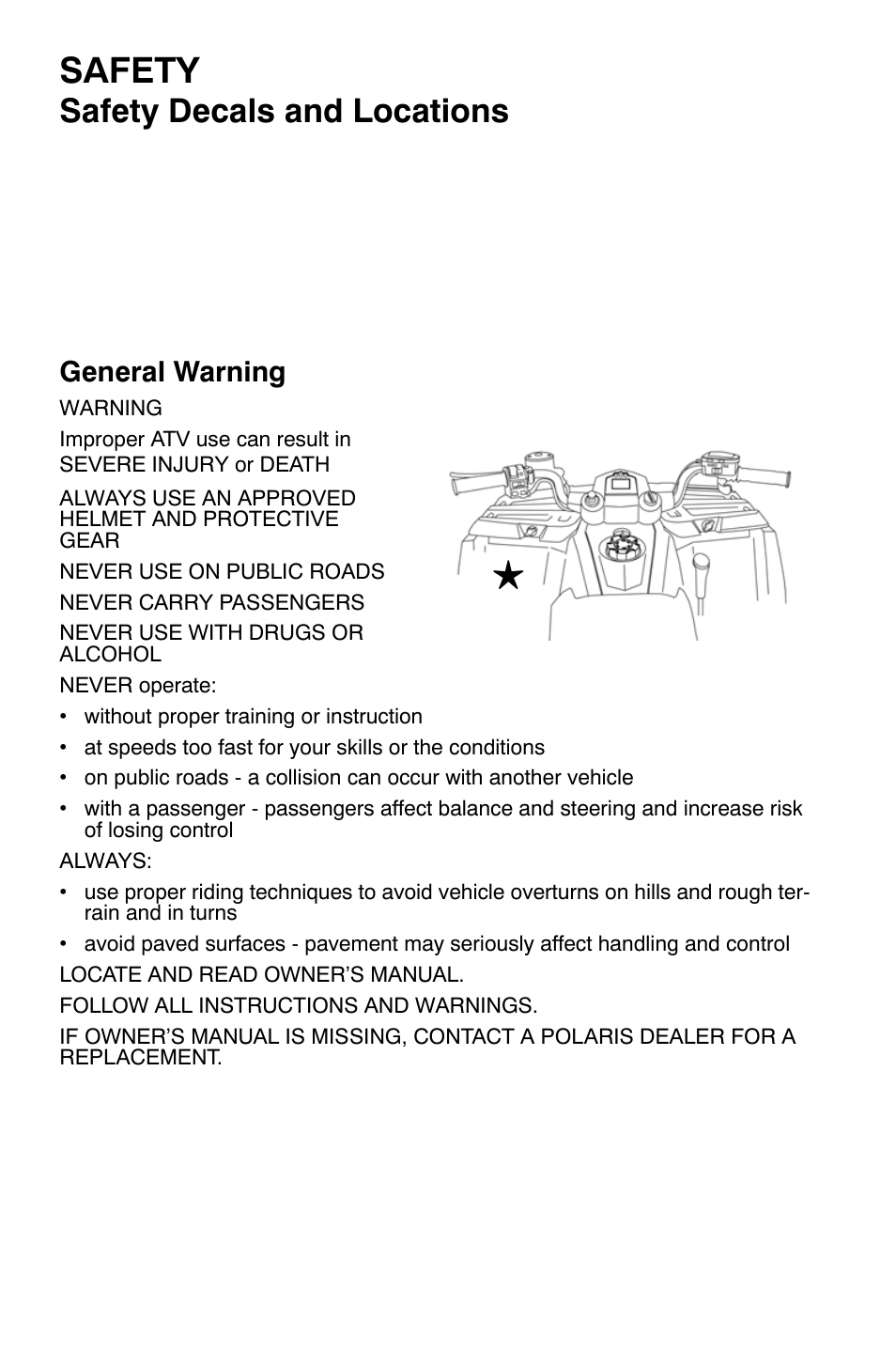 Safety, Safety decals and locations, General warning | Polaris Sportsman 9921335 User Manual | Page 6 / 133