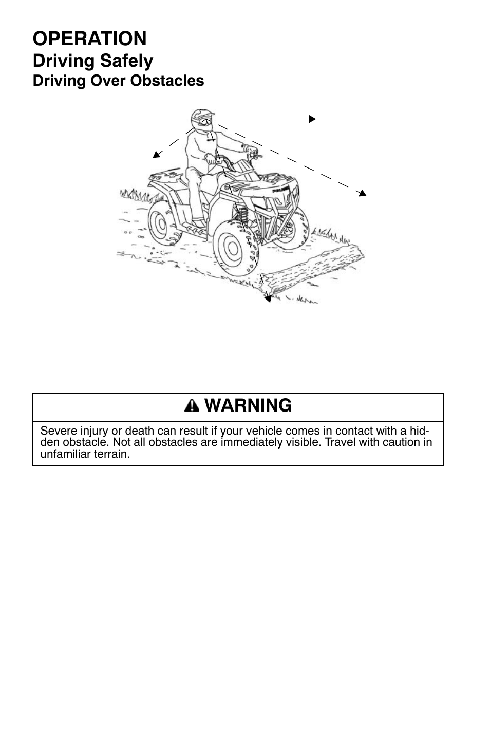 Operation, Driving safely, Warning | Polaris Sportsman 9921335 User Manual | Page 64 / 133