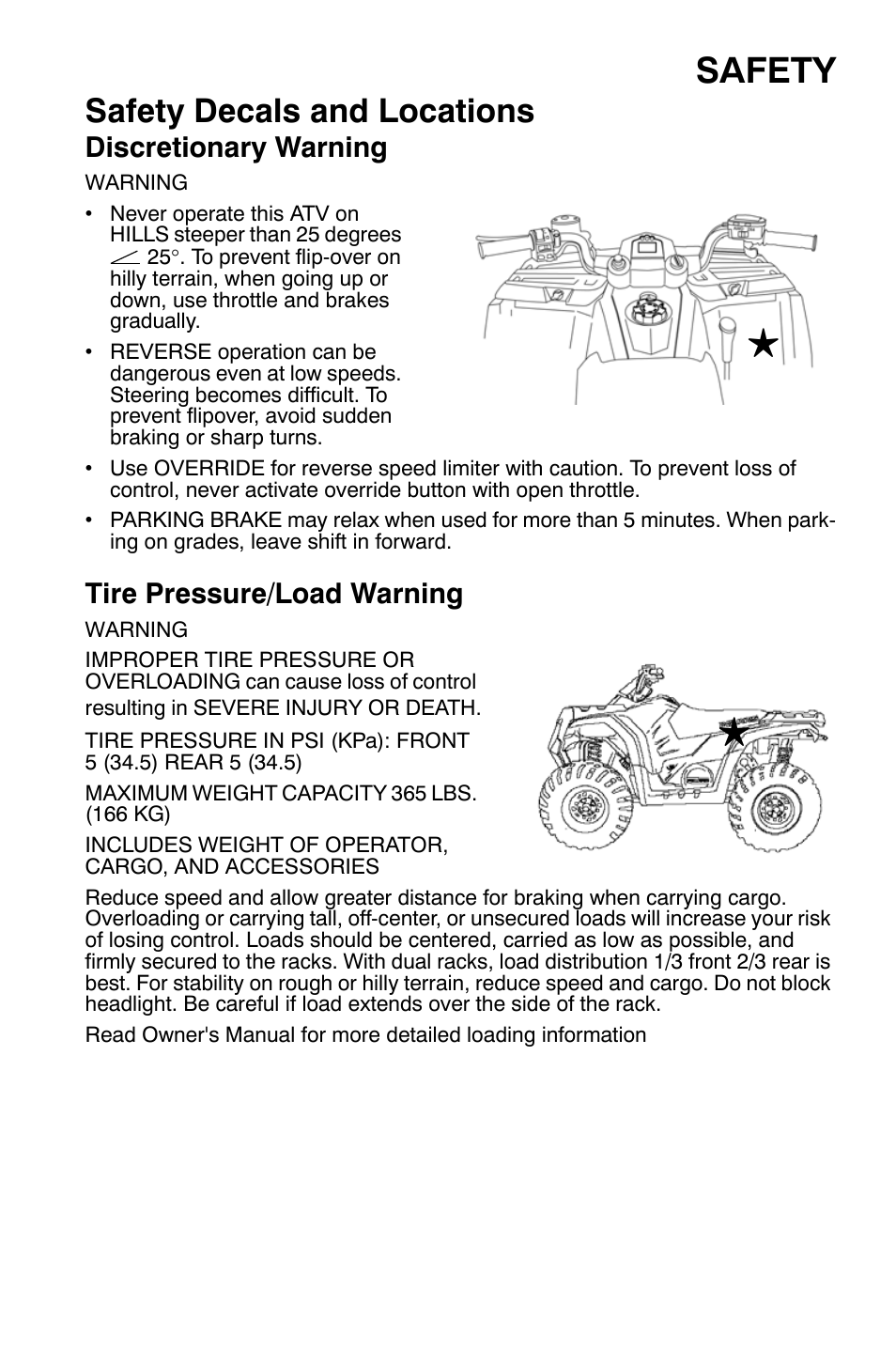 Safety, Safety decals and locations, Discretionary warning | Tire pressure/load warning | Polaris Sportsman 9921335 User Manual | Page 7 / 133