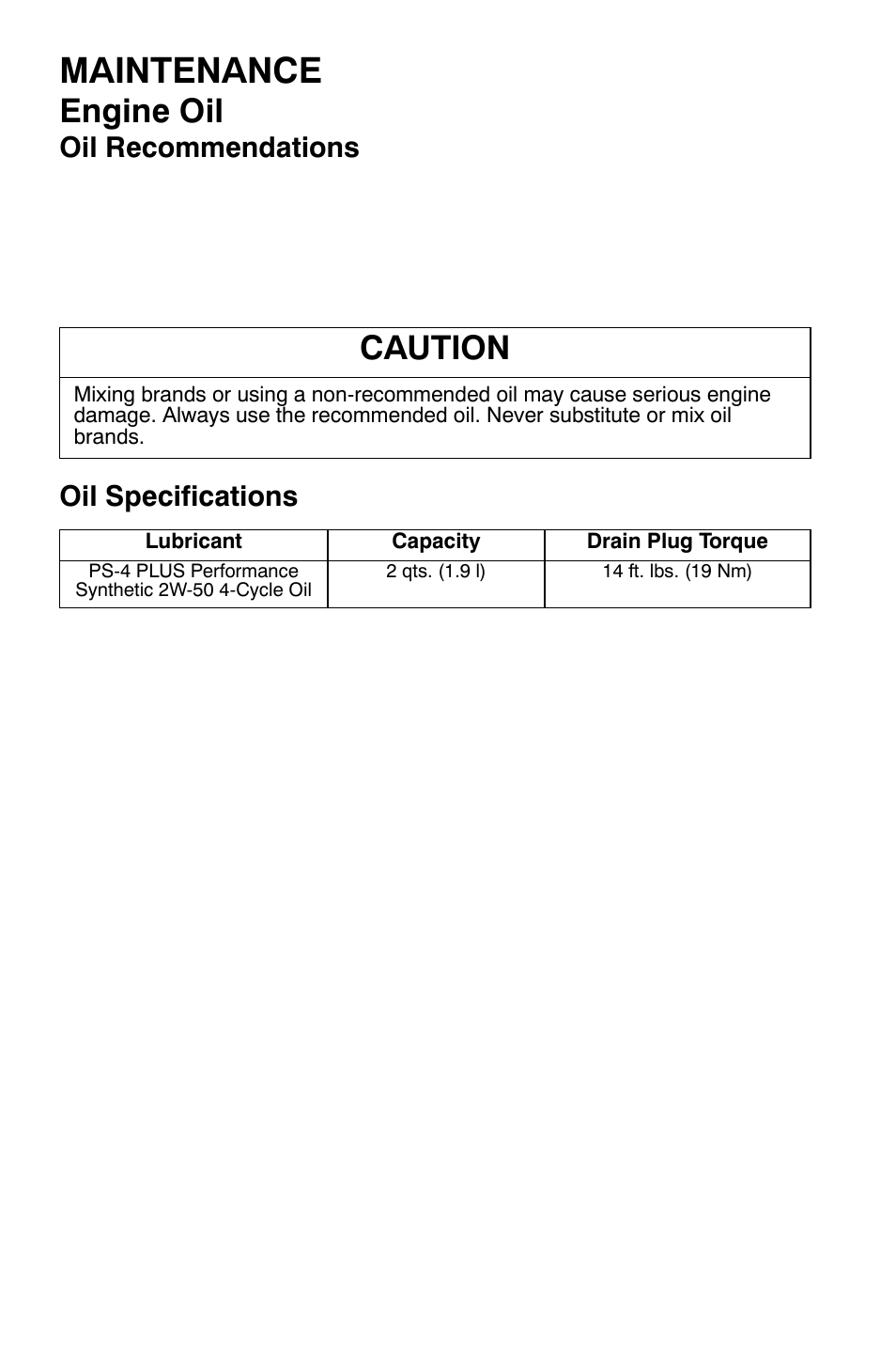 Maintenance, Engine oil, Caution | Oil recommendations, Oil specifications | Polaris Sportsman 9921335 User Manual | Page 74 / 133