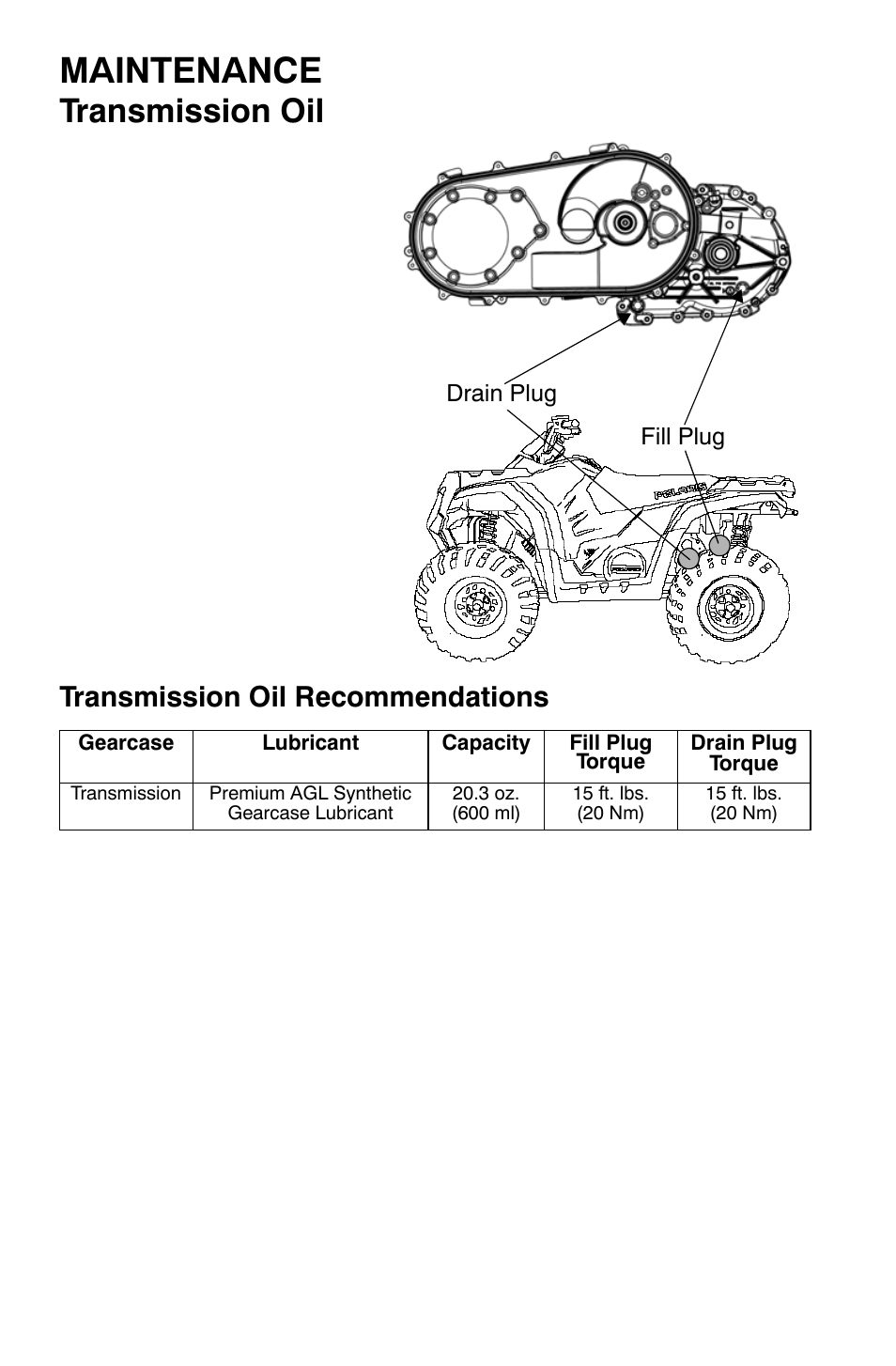 Maintenance, Transmission oil, Transmission oil recommendations | Polaris Sportsman 9921335 User Manual | Page 78 / 133