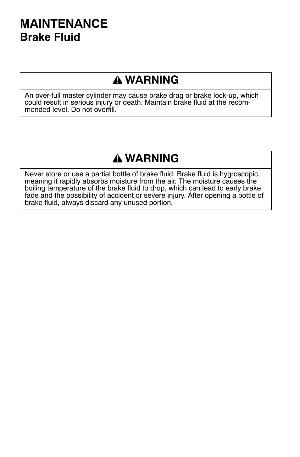 Maintenance, Brake fluid, Warning | Polaris Sportsman 9921335 User Manual | Page 84 / 133