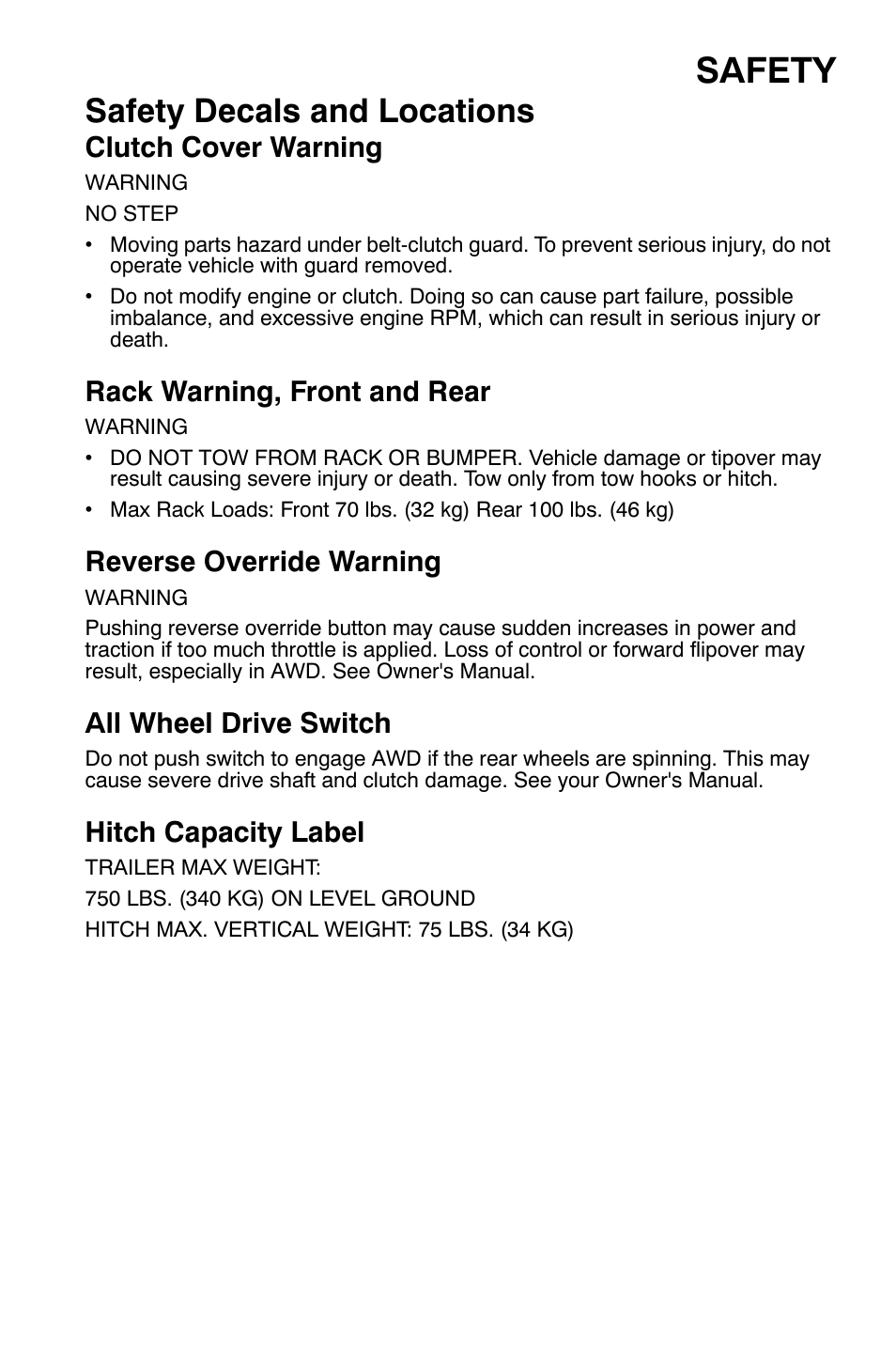 Safety, Safety decals and locations, Clutch cover warning | Rack warning, front and rear, Reverse override warning, All wheel drive switch, Hitch capacity label | Polaris Sportsman 9921335 User Manual | Page 9 / 133