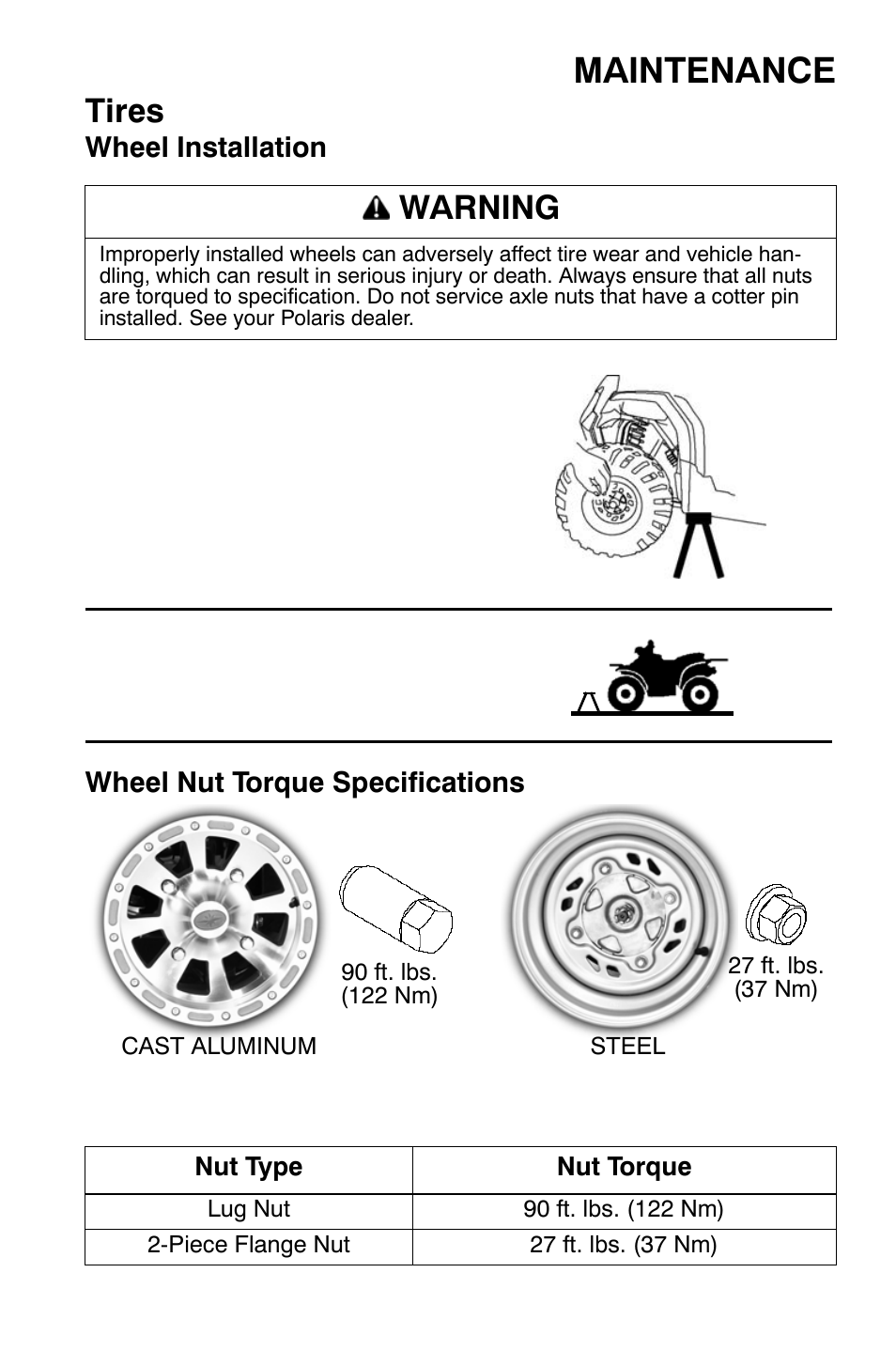 Maintenance, Tires, Warning | Polaris Sportsman 9921335 User Manual | Page 91 / 133