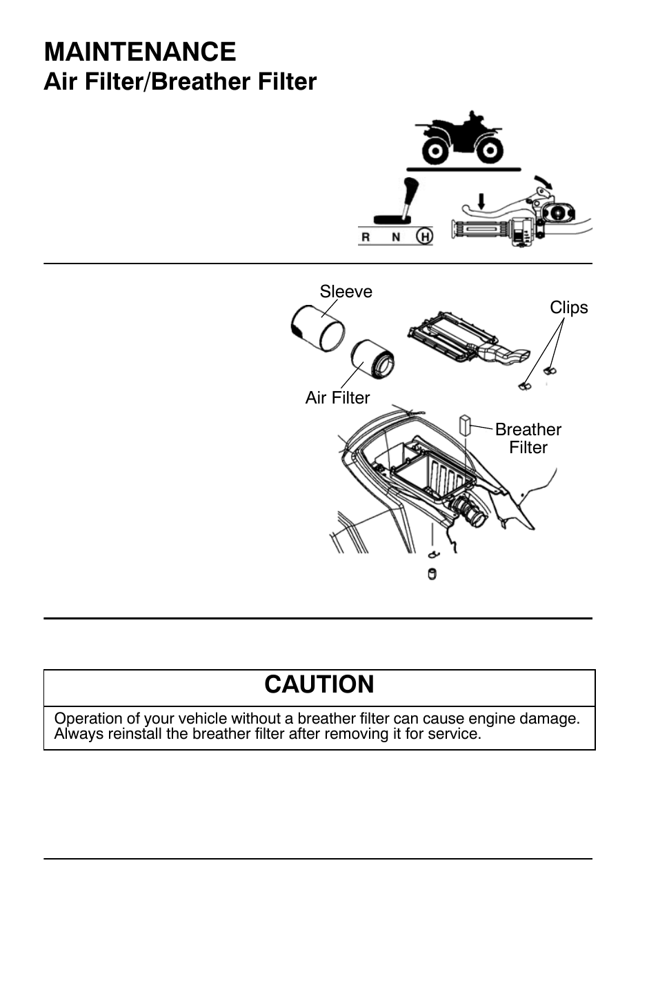 Maintenance, Air filter/breather filter, Caution | Polaris Sportsman 9921335 User Manual | Page 92 / 133