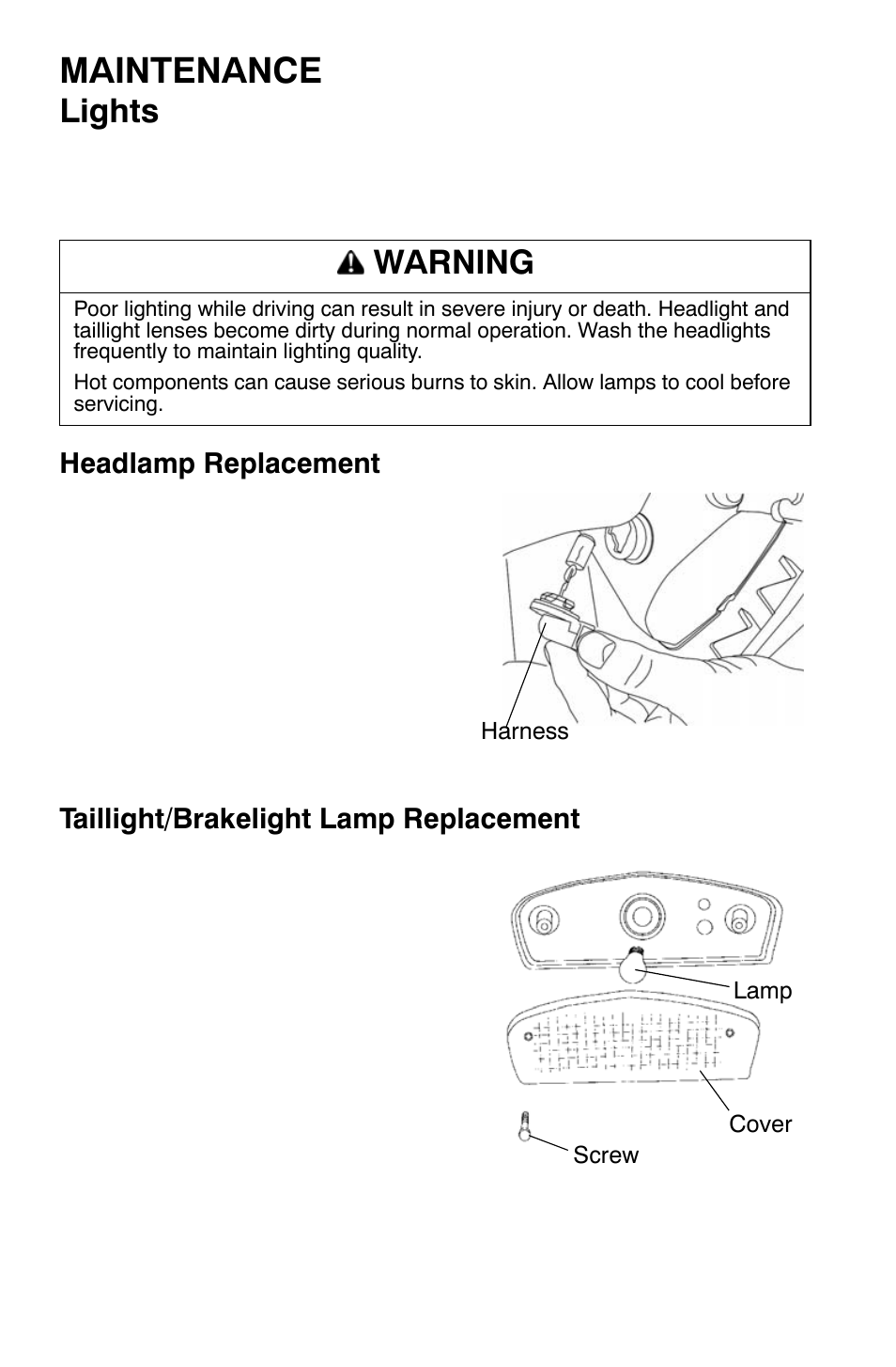 Maintenance, Lights, Warning | Polaris Sportsman 9921335 User Manual | Page 94 / 133