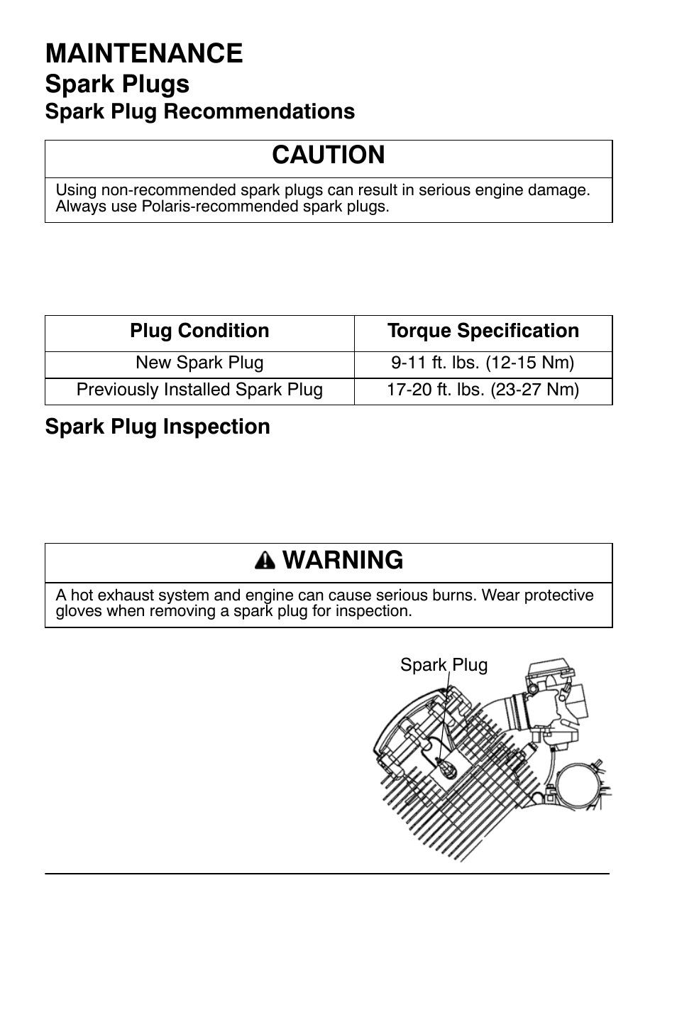 Maintenance, Spark plugs, Caution | Warning | Polaris Sportsman 9921335 User Manual | Page 96 / 133