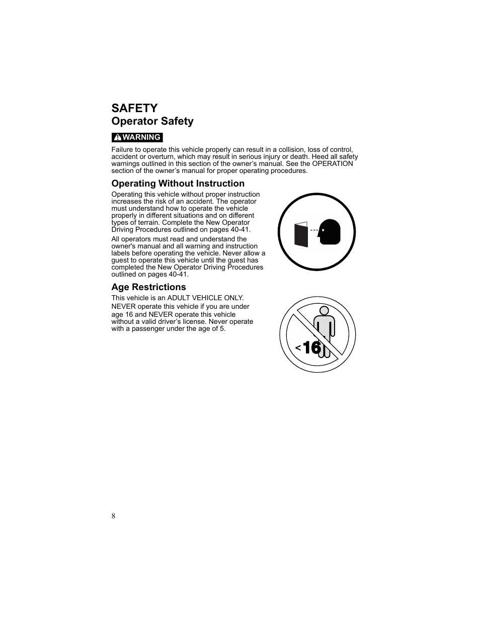 Safety, Operator safety, Warning | Operating without instruction, Age restrictions | Polaris 2010 Breeze User Manual | Page 10 / 87