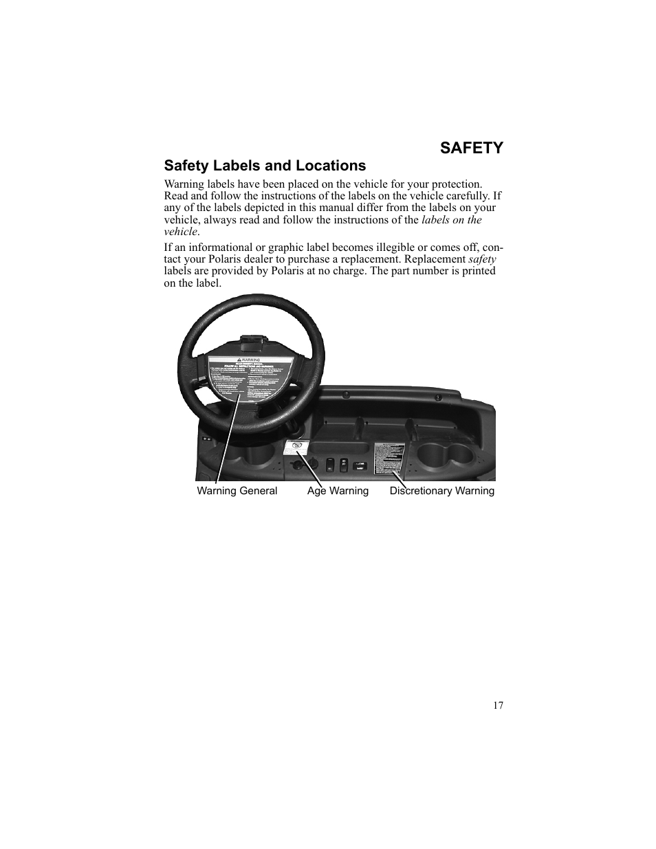 Safety, Safety labels and locations, Discretionary warning | Polaris 2010 Breeze User Manual | Page 19 / 87