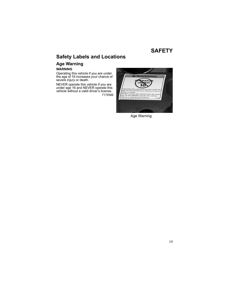 Safety, Safety labels and locations, Age warning | Polaris 2010 Breeze User Manual | Page 21 / 87