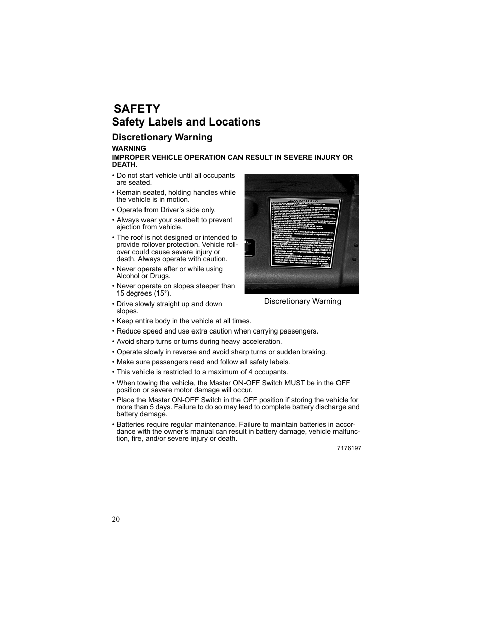 Safety, Safety labels and locations, Discretionary warning | Polaris 2010 Breeze User Manual | Page 22 / 87