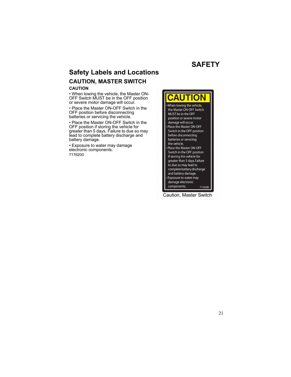 Safety, Safety labels and locations, Caution, master switch | Polaris 2010 Breeze User Manual | Page 23 / 87