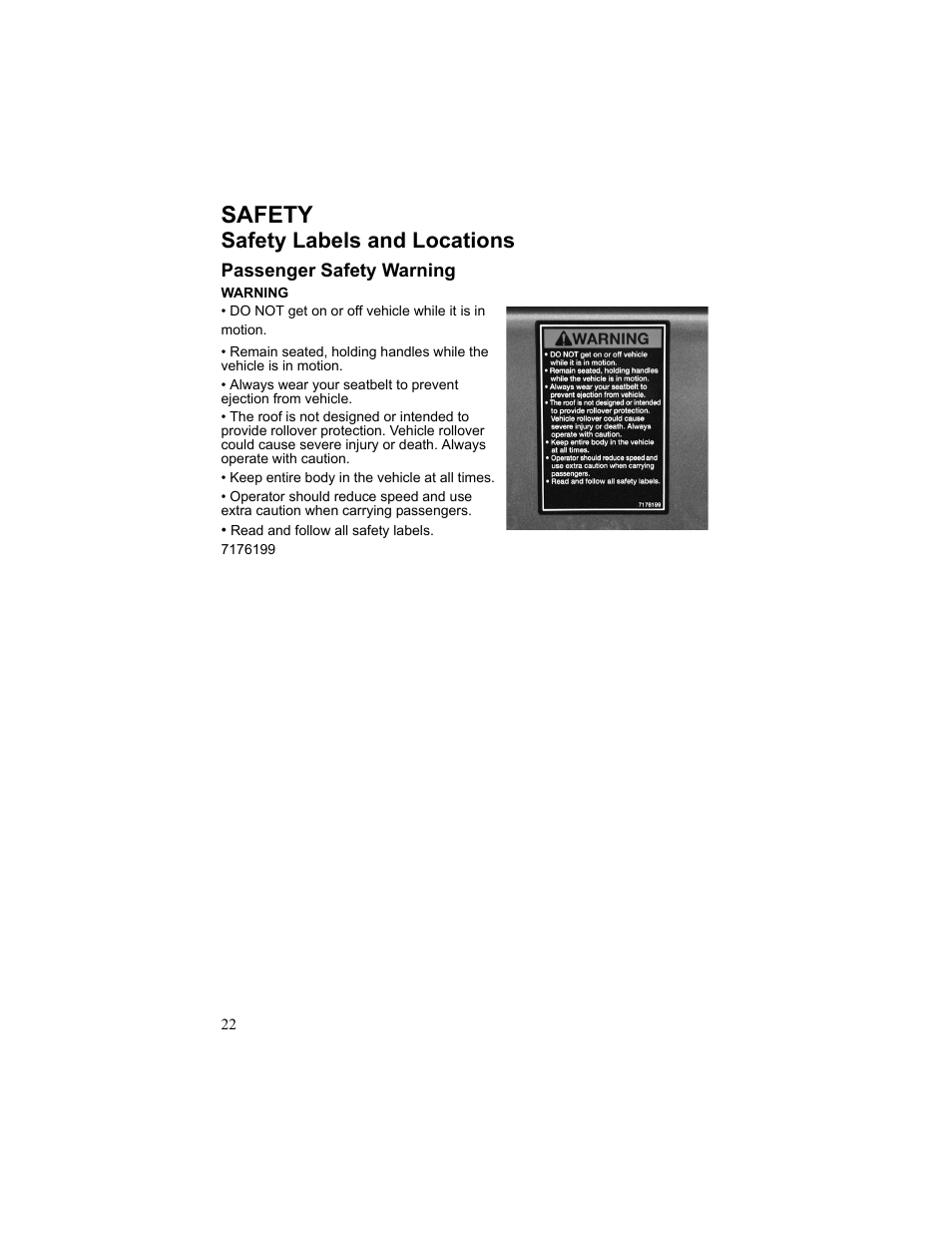 Safety, Safety labels and locations, Passenger safety warning | Polaris 2010 Breeze User Manual | Page 24 / 87