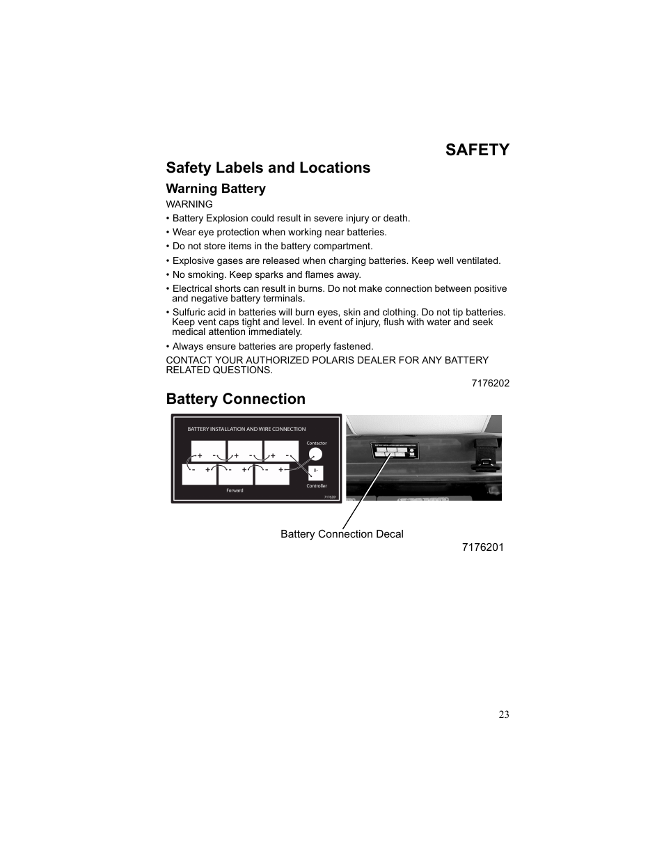Safety, Safety labels and locations, Warning battery | Battery connection | Polaris 2010 Breeze User Manual | Page 25 / 87