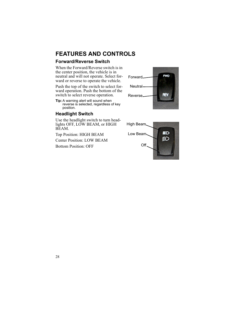 Features and controls, Forward/reverse switch, Forward | Headlight switch, High beam | Polaris 2010 Breeze User Manual | Page 30 / 87