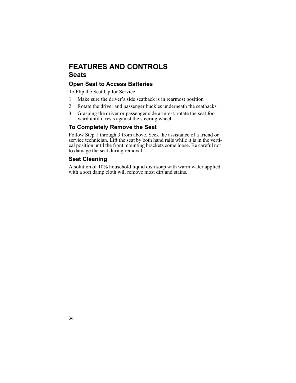 Features and controls, Seats, Open seat to access batteries | To completely remove the seat, Seat cleaning | Polaris 2010 Breeze User Manual | Page 38 / 87