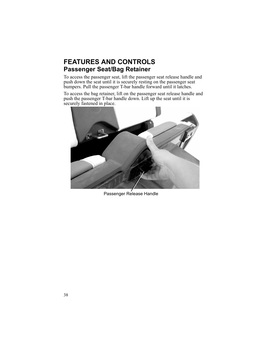 Features and controls, Passenger seat/bag retainer, Passenger release handle | Polaris 2010 Breeze User Manual | Page 40 / 87