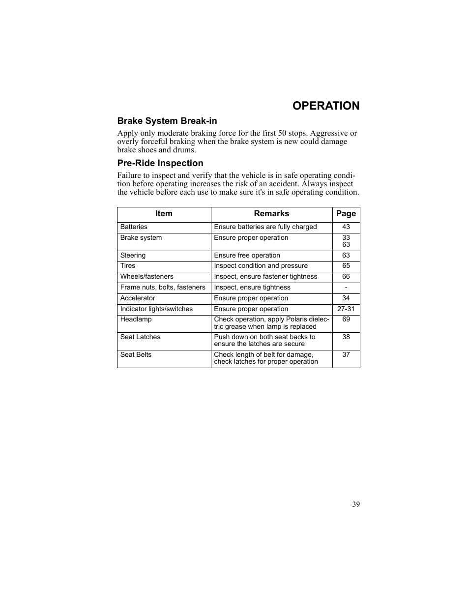 Operation, Brake system break-in, Pre-ride inspection | Batteries, Ensure batteries are fully charged, Brake system, Ensure proper operation, Steering, Ensure free operation, Tires | Polaris 2010 Breeze User Manual | Page 41 / 87