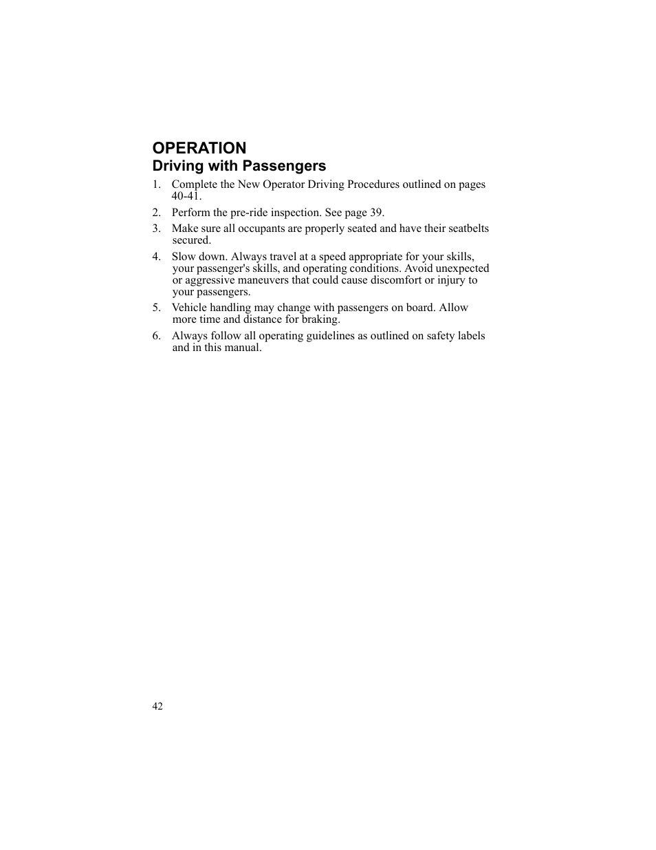 Operation, Driving with passengers | Polaris 2010 Breeze User Manual | Page 44 / 87