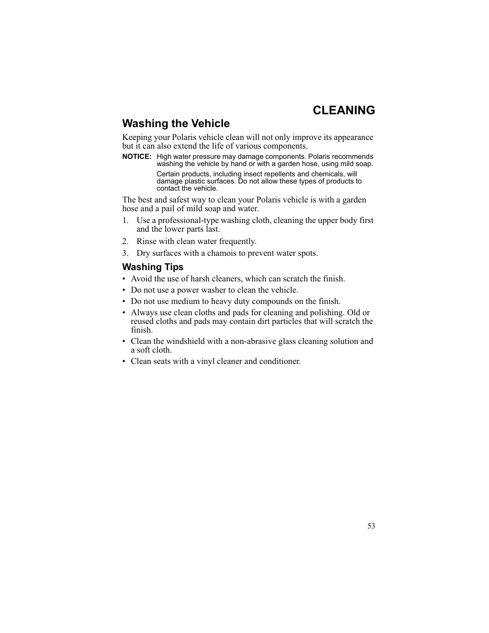 Cleaning, Washing the vehicle, Rinse with clean water frequently | Dry surfaces with a chamois to prevent water spots, Washing tips | Polaris 2010 Breeze User Manual | Page 55 / 87