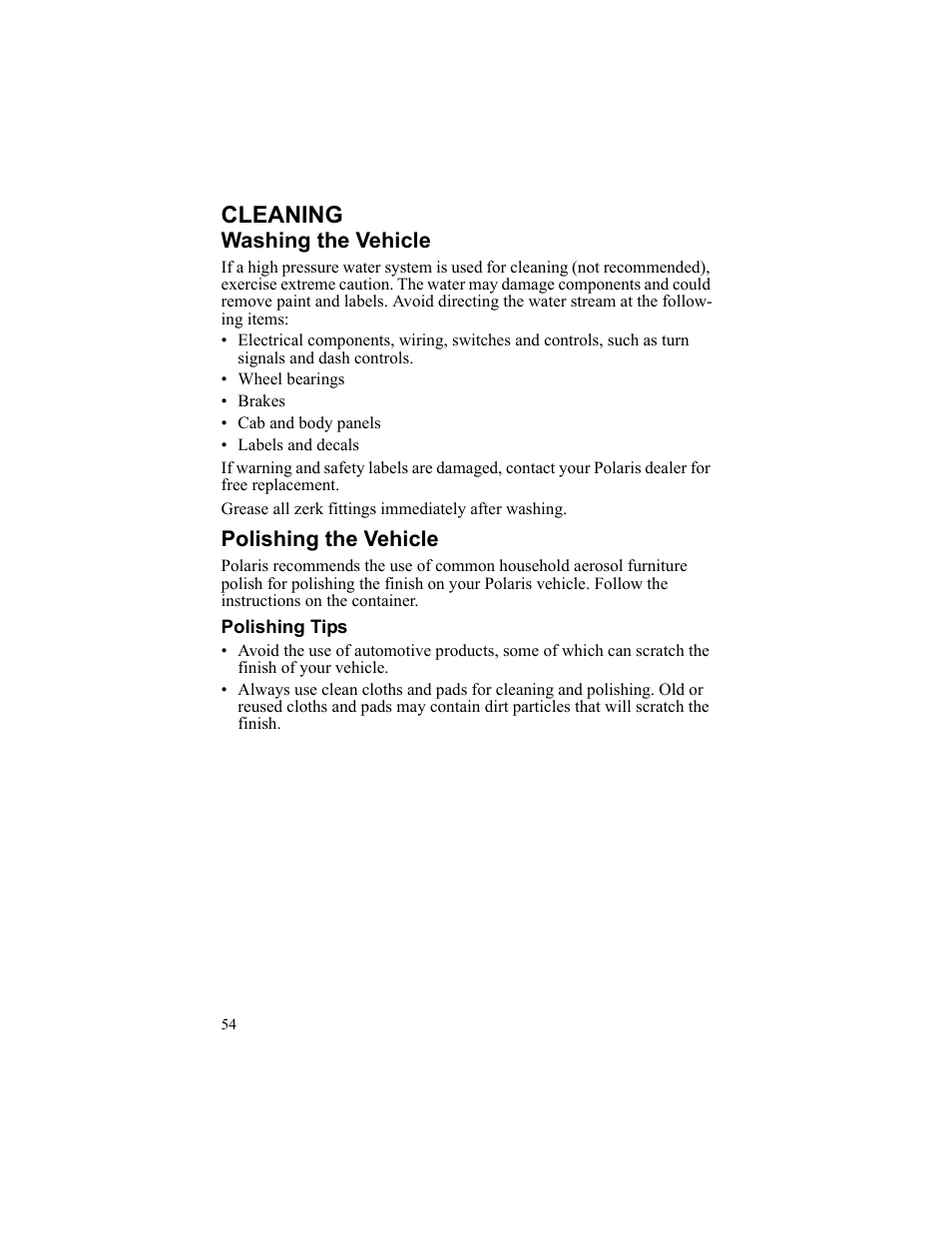 Cleaning, Washing the vehicle, Polishing the vehicle | Polishing tips | Polaris 2010 Breeze User Manual | Page 56 / 87