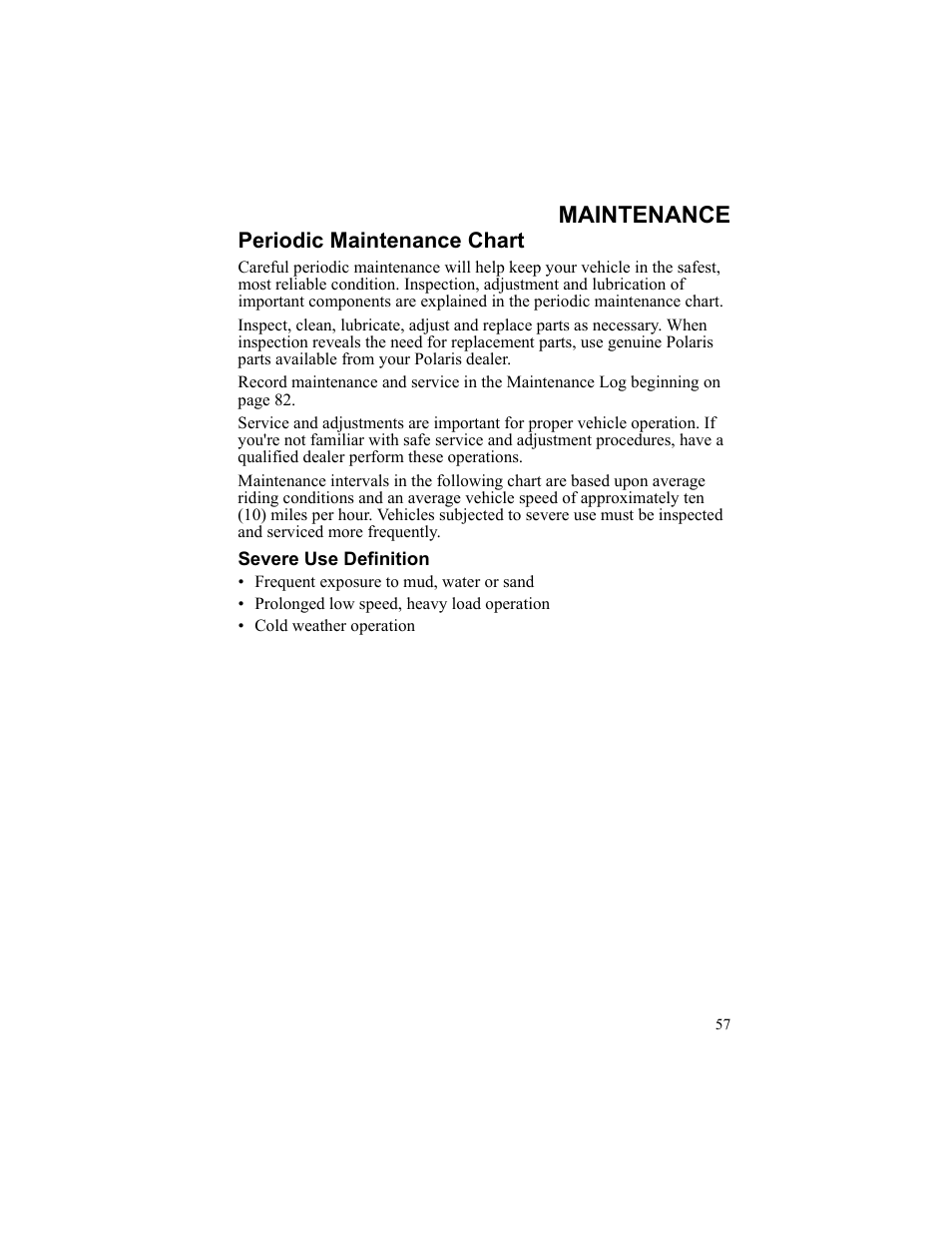 Maintenance, Periodic maintenance chart, Severe use definition | Polaris 2010 Breeze User Manual | Page 59 / 87