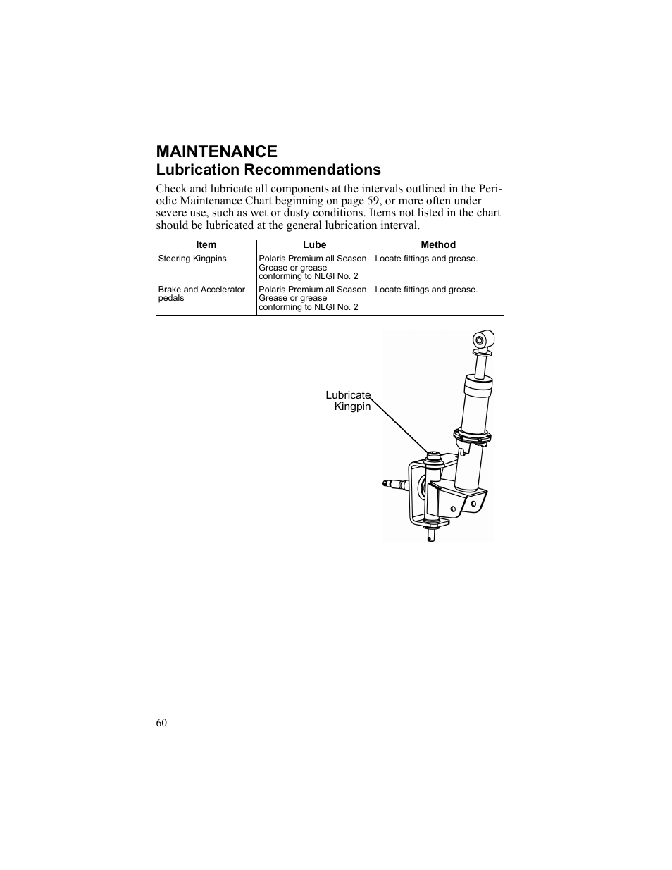 Maintenance, Lubrication recommendations, Item | Lube, Method, Lubricate, Kingpin | Polaris 2010 Breeze User Manual | Page 62 / 87