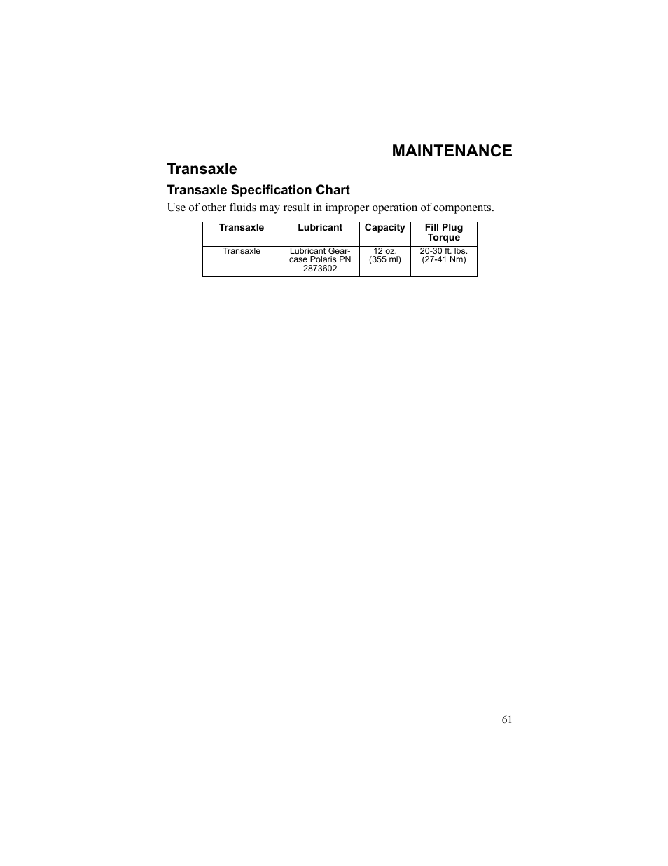 Maintenance, Transaxle, Transaxle specification chart | Lubricant, Capacity, Fill plug torque | Polaris 2010 Breeze User Manual | Page 63 / 87