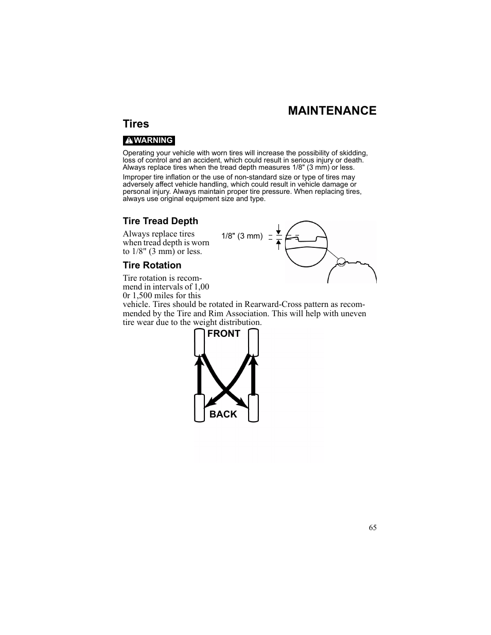 Maintenance, Tires, Warning | Tire tread depth, 1/8" (3 mm), Tire rotation, Front | Polaris 2010 Breeze User Manual | Page 67 / 87