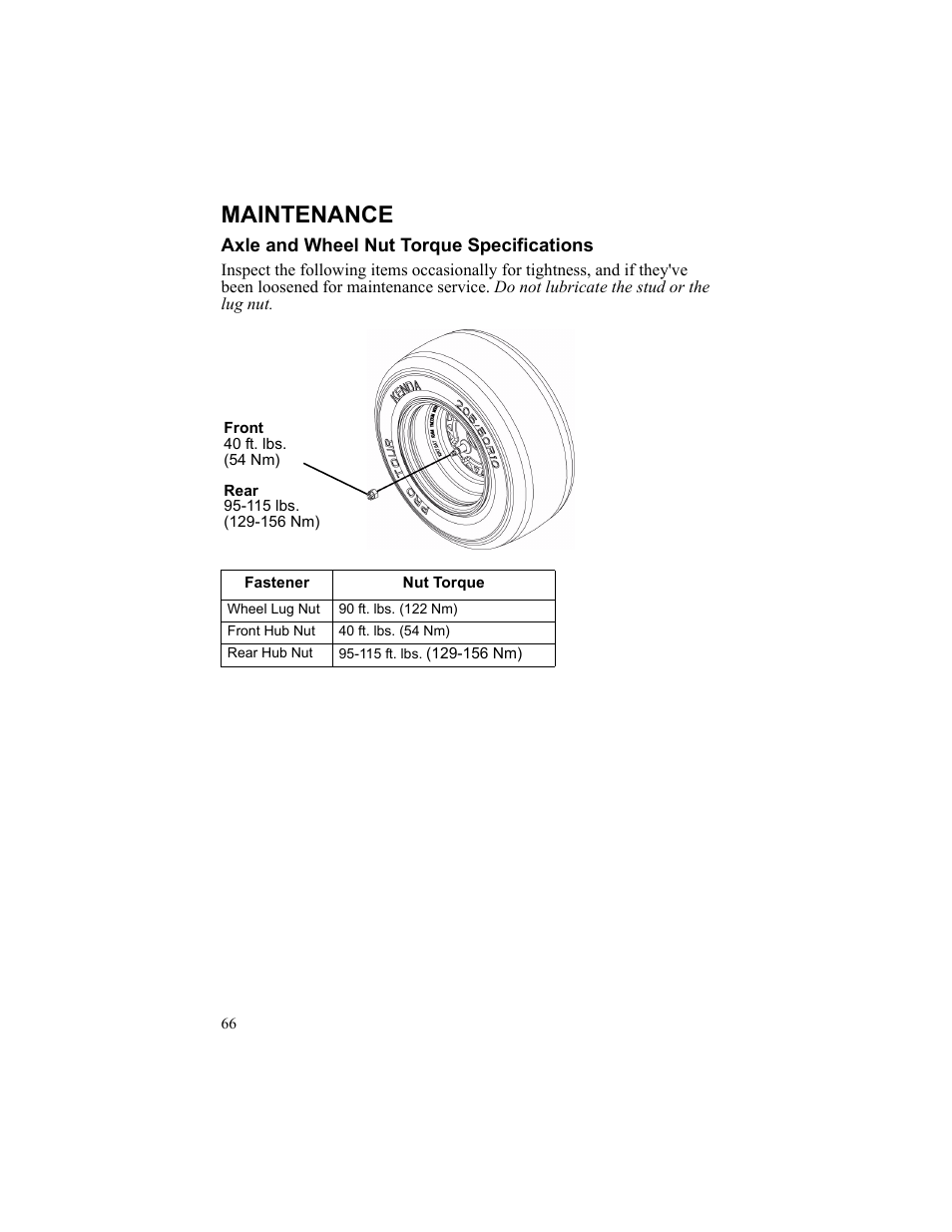 Maintenance, Axle and wheel nut torque specifications, Front | 40 ft. lbs, 54 nm), Rear, 115 lbs, 156 nm), Wheel lug nut, 90 ft. lbs. (122 nm) | Polaris 2010 Breeze User Manual | Page 68 / 87