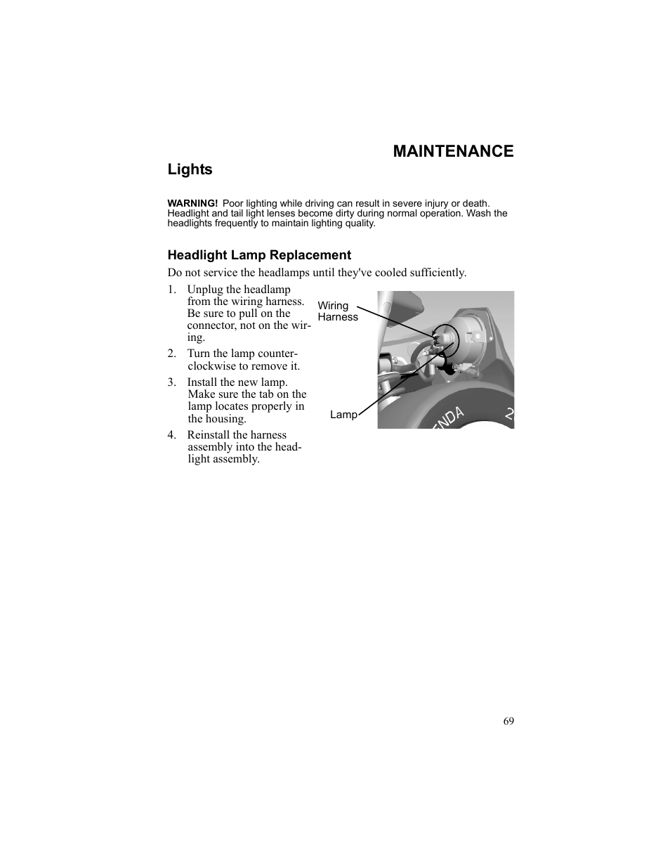 Maintenance, Lights, Headlight lamp replacement | Wiring, Harness, Turn the lamp counterclockwise to remove it | Polaris 2010 Breeze User Manual | Page 71 / 87