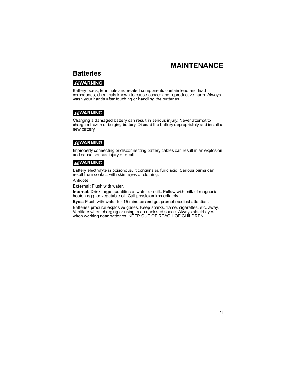 Maintenance, Batteries, Warning | Polaris 2010 Breeze User Manual | Page 73 / 87