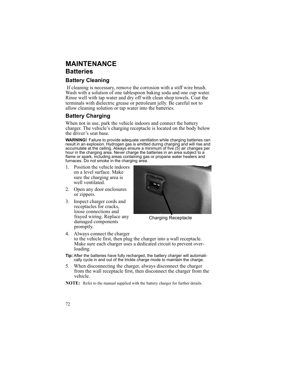 Maintenance, Batteries, Battery cleaning | Battery charging, Charging receptacle, Open any door enclosures or zippers | Polaris 2010 Breeze User Manual | Page 74 / 87