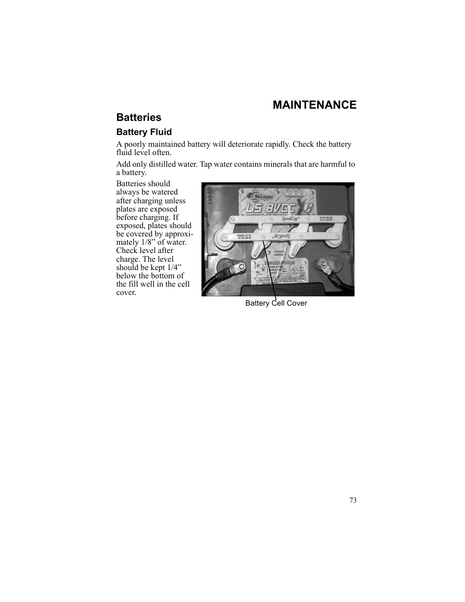 Maintenance, Batteries, Battery fluid | Battery cell cover | Polaris 2010 Breeze User Manual | Page 75 / 87