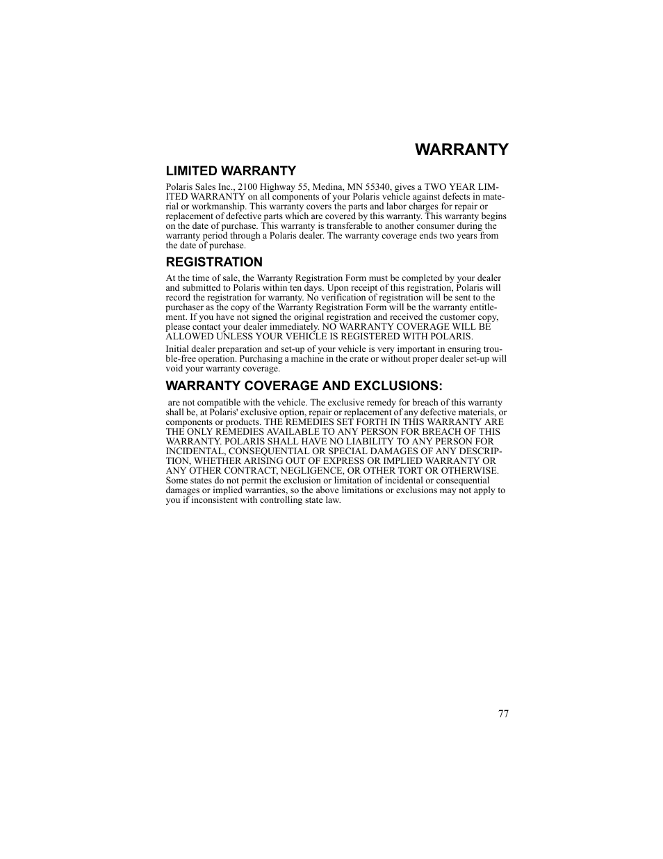 Warranty, Limited warranty, Registration | Warranty coverage and exclusions | Polaris 2010 Breeze User Manual | Page 79 / 87